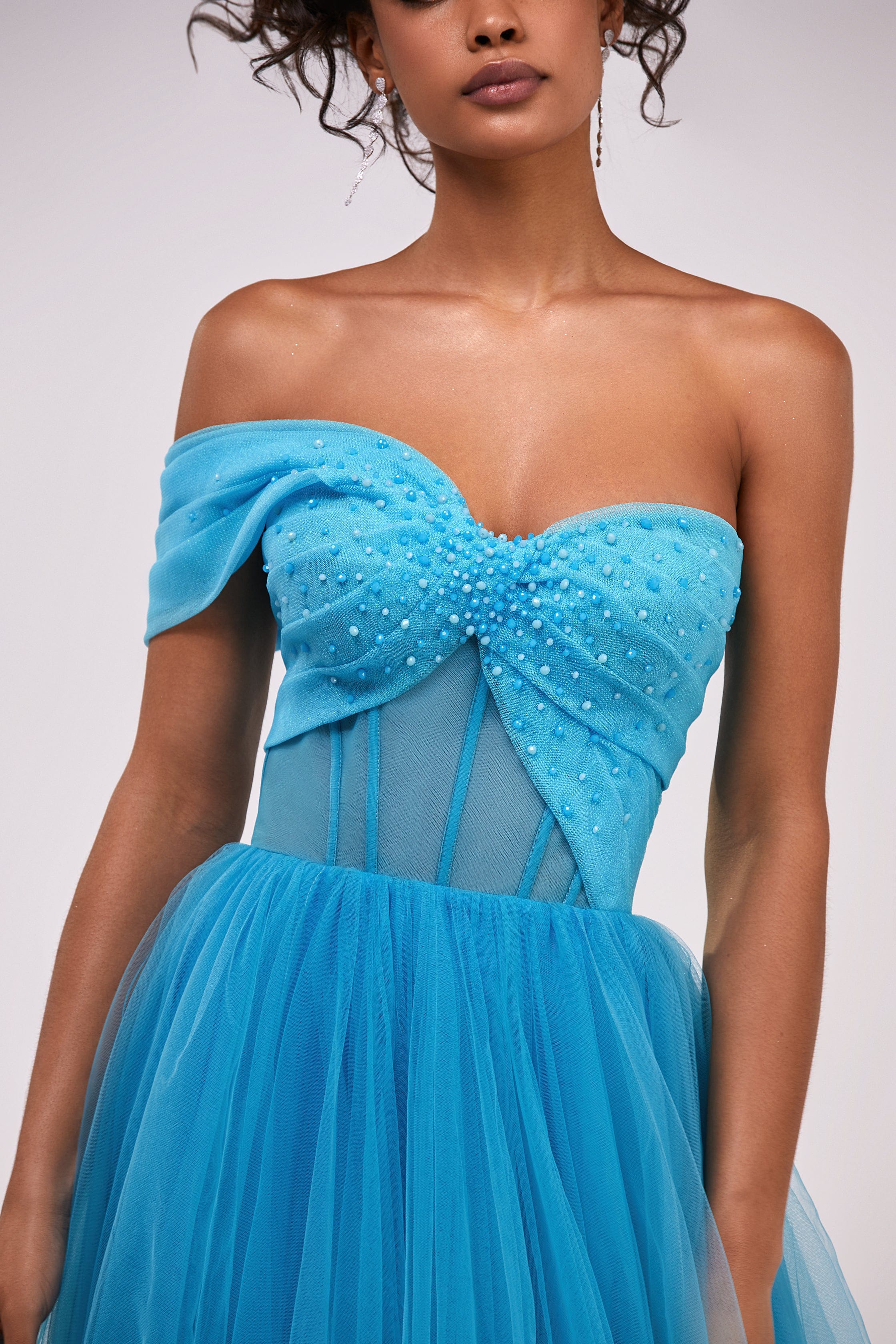 Aquamarine ball gown with one-shoulder wrap top - Image 3