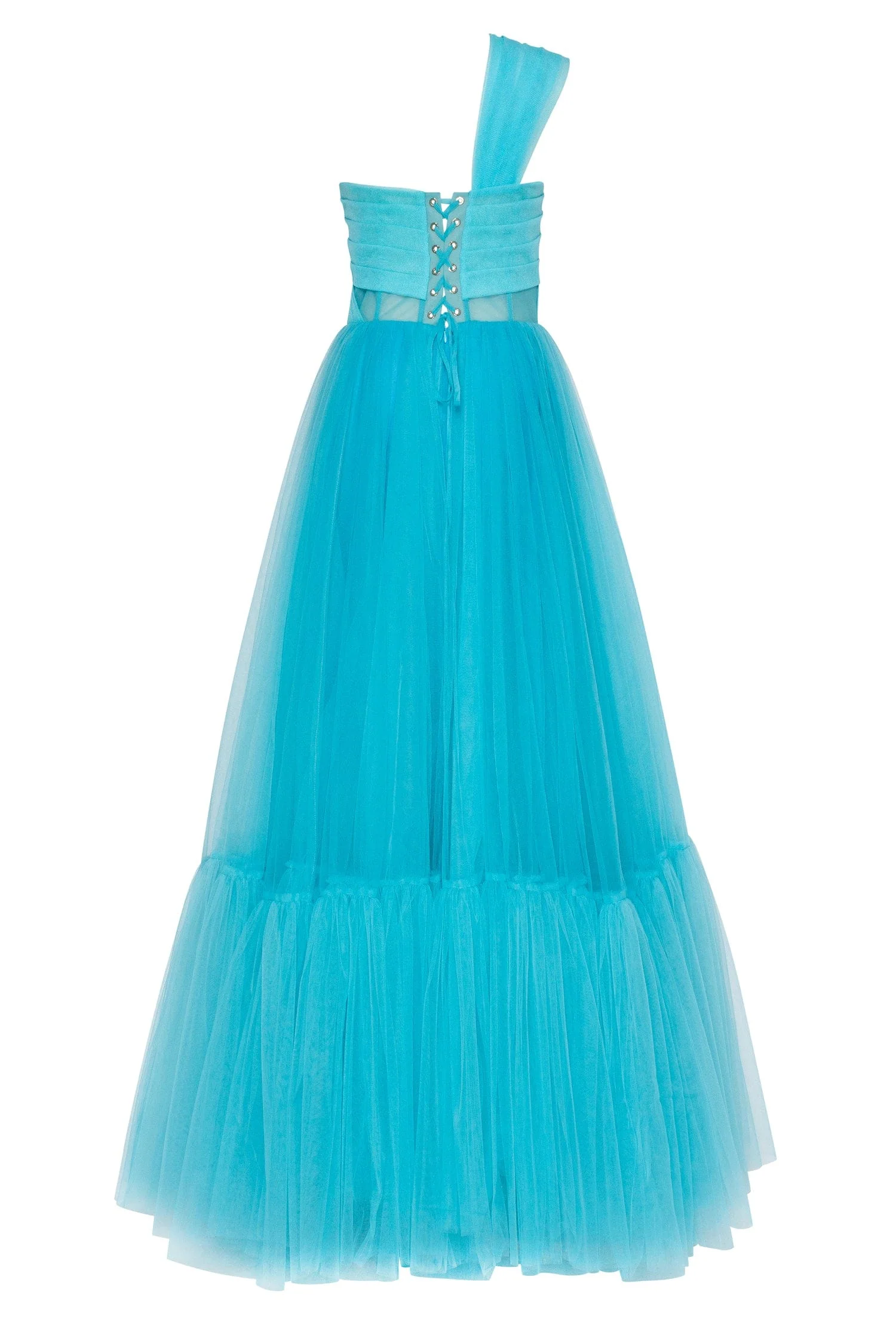 Aquamarine ball gown with one-shoulder wrap top - Image 4