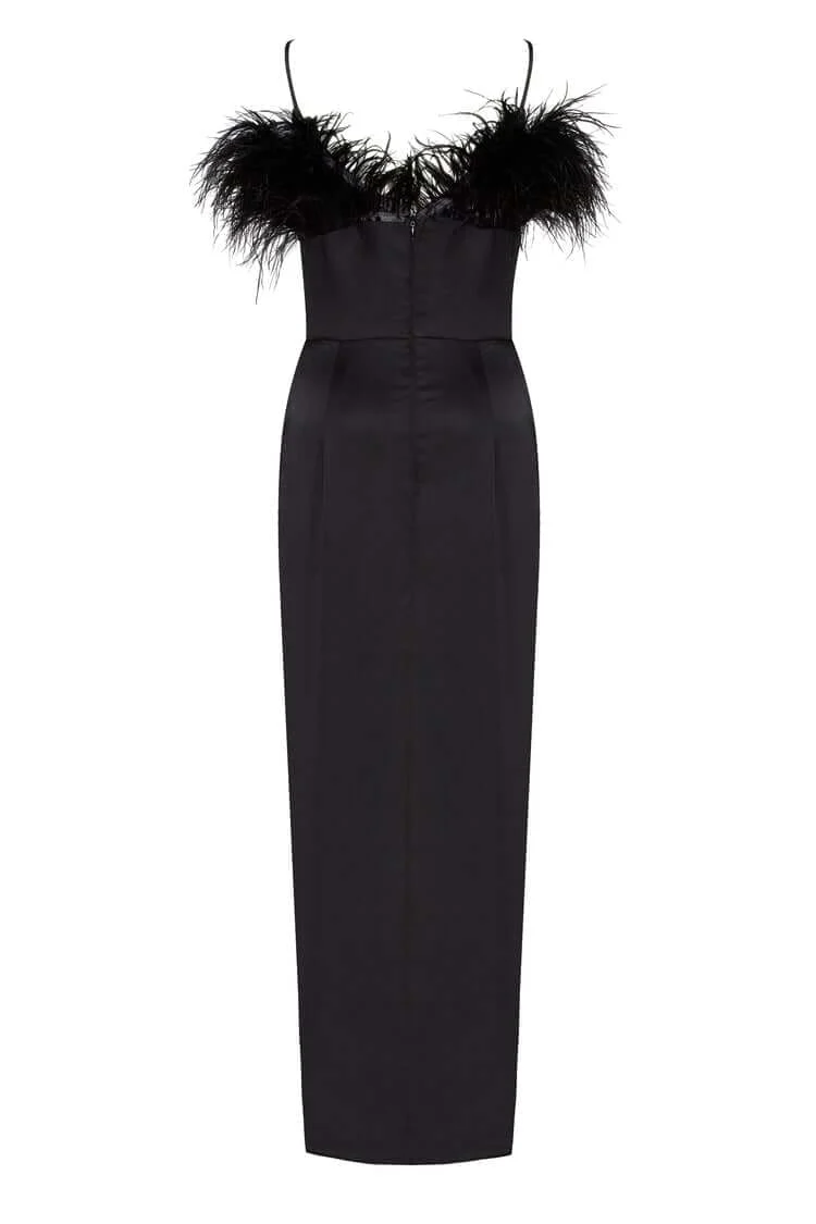 Black Celina Slip Midi Feathered Dress - Image 3