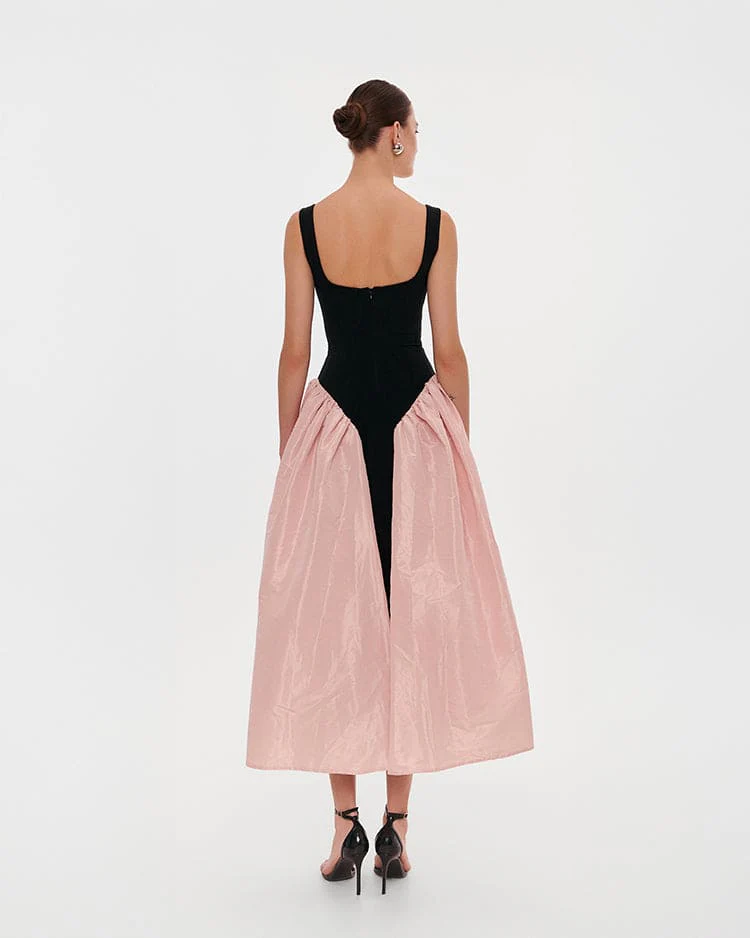 Black corset dress on straps with a glossy pink midi skirt - Image 3