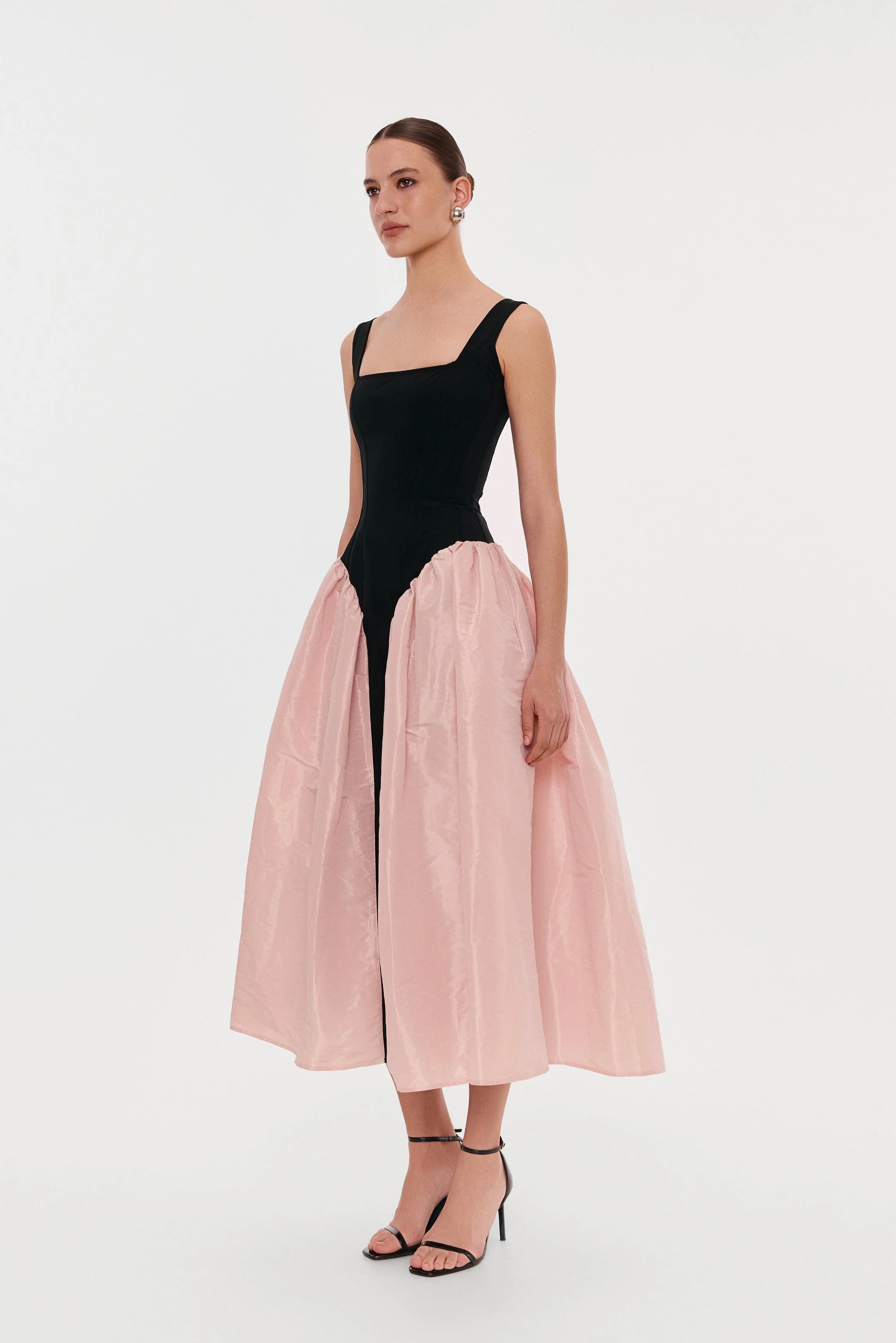 Black corset dress on straps with a glossy pink midi skirt - Image 5