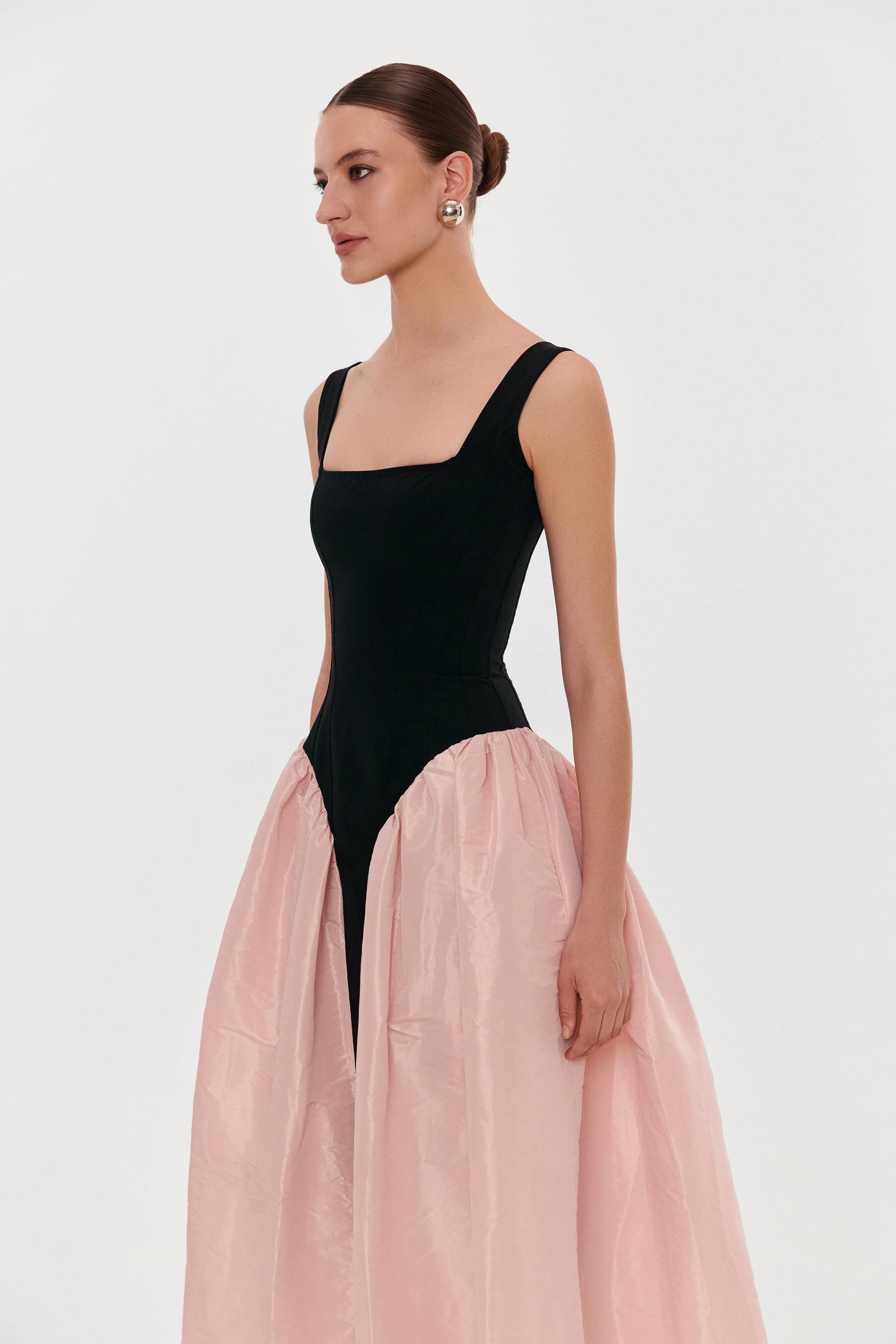 Black corset dress on straps with a glossy pink midi skirt - Image 7