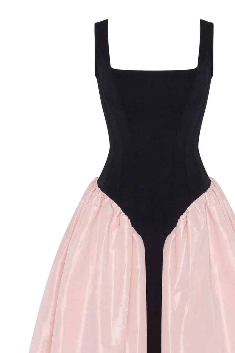 Black corset dress on straps with a glossy pink midi skirt - Image 8