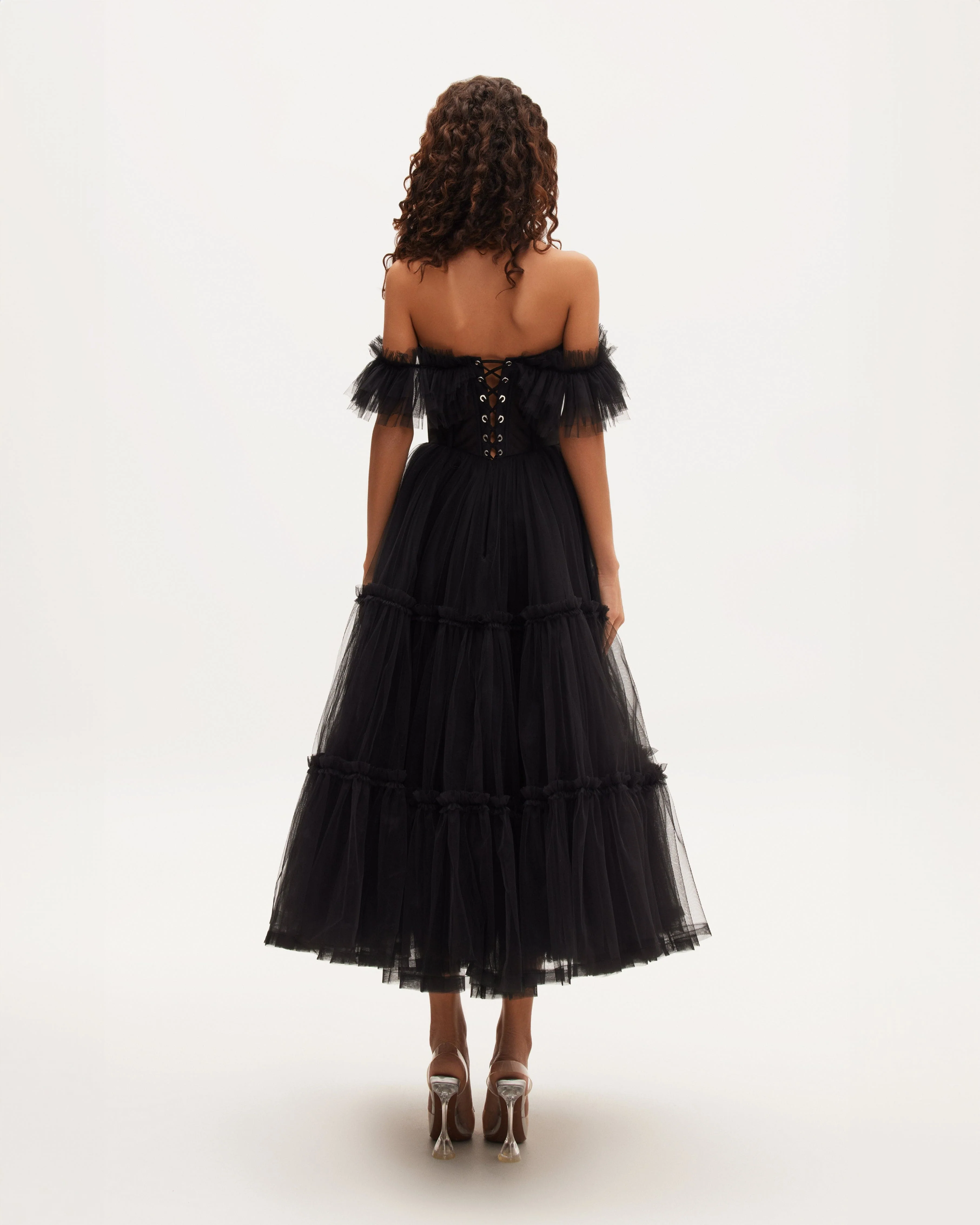 Black Ruffled Tulle Midi Dress - Image 3