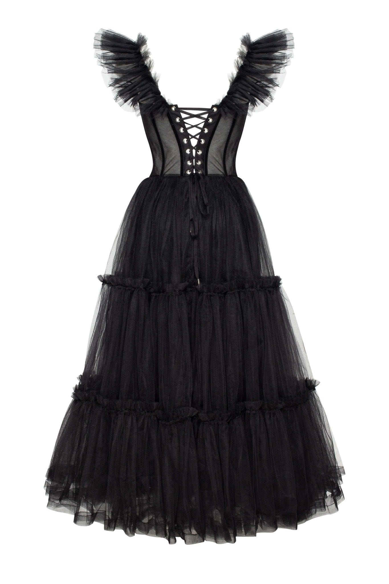 Black Ruffled Tulle Midi Dress - Image 4