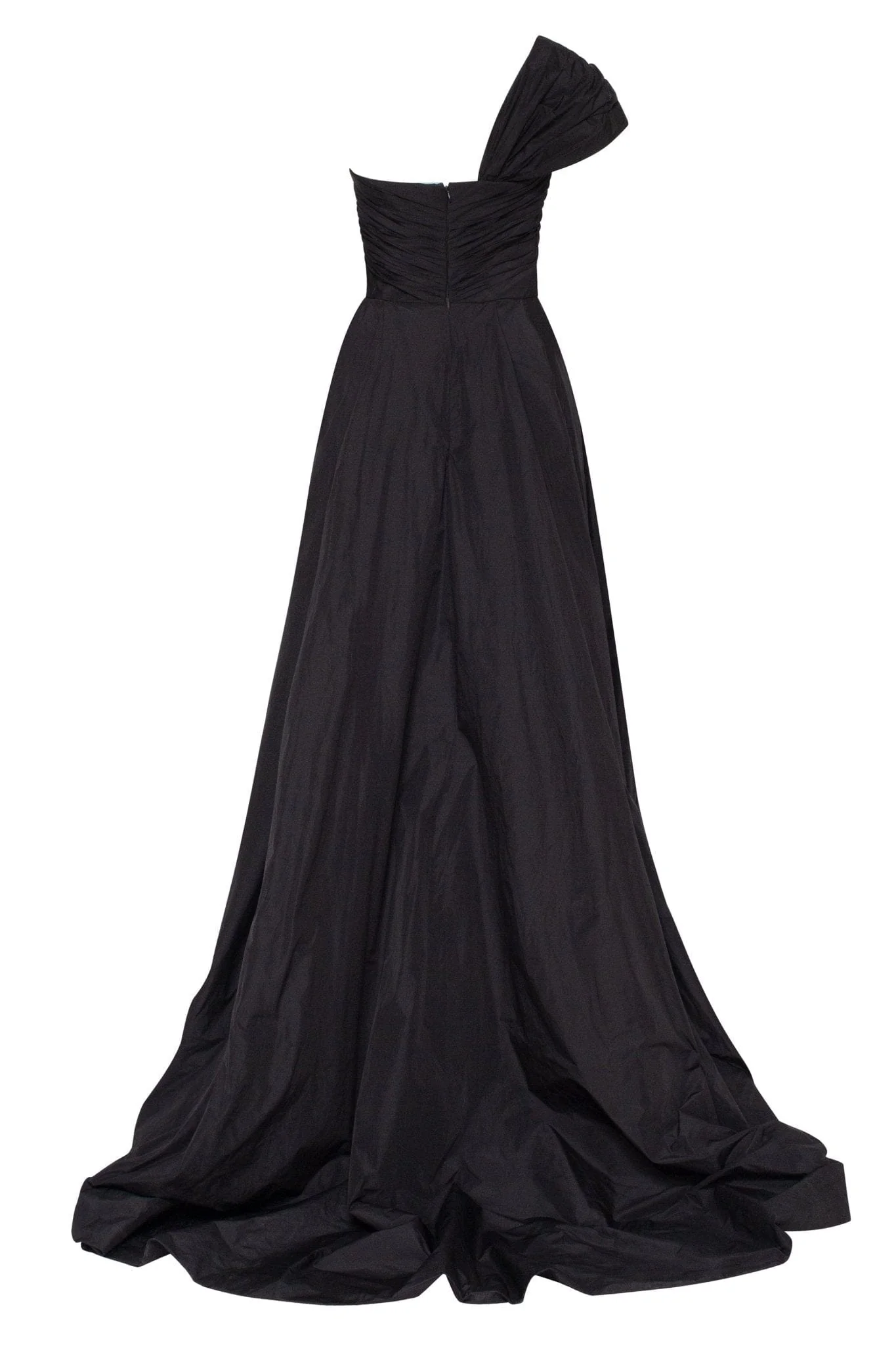 Black taffeta evening gown with a high slit and one-shoulder wrap top - Image 4