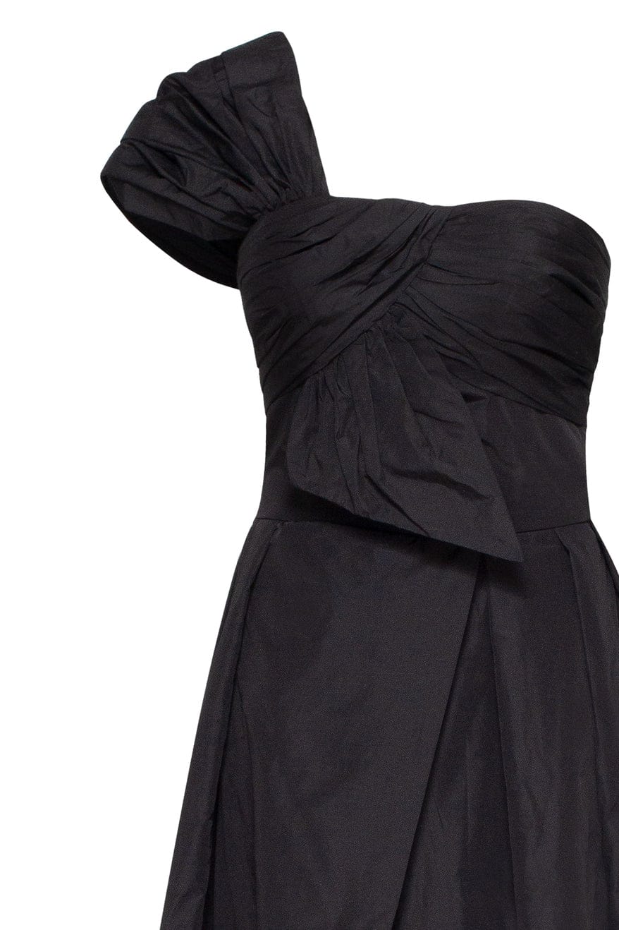 Black taffeta evening gown with a high slit and one-shoulder wrap top - Image 6