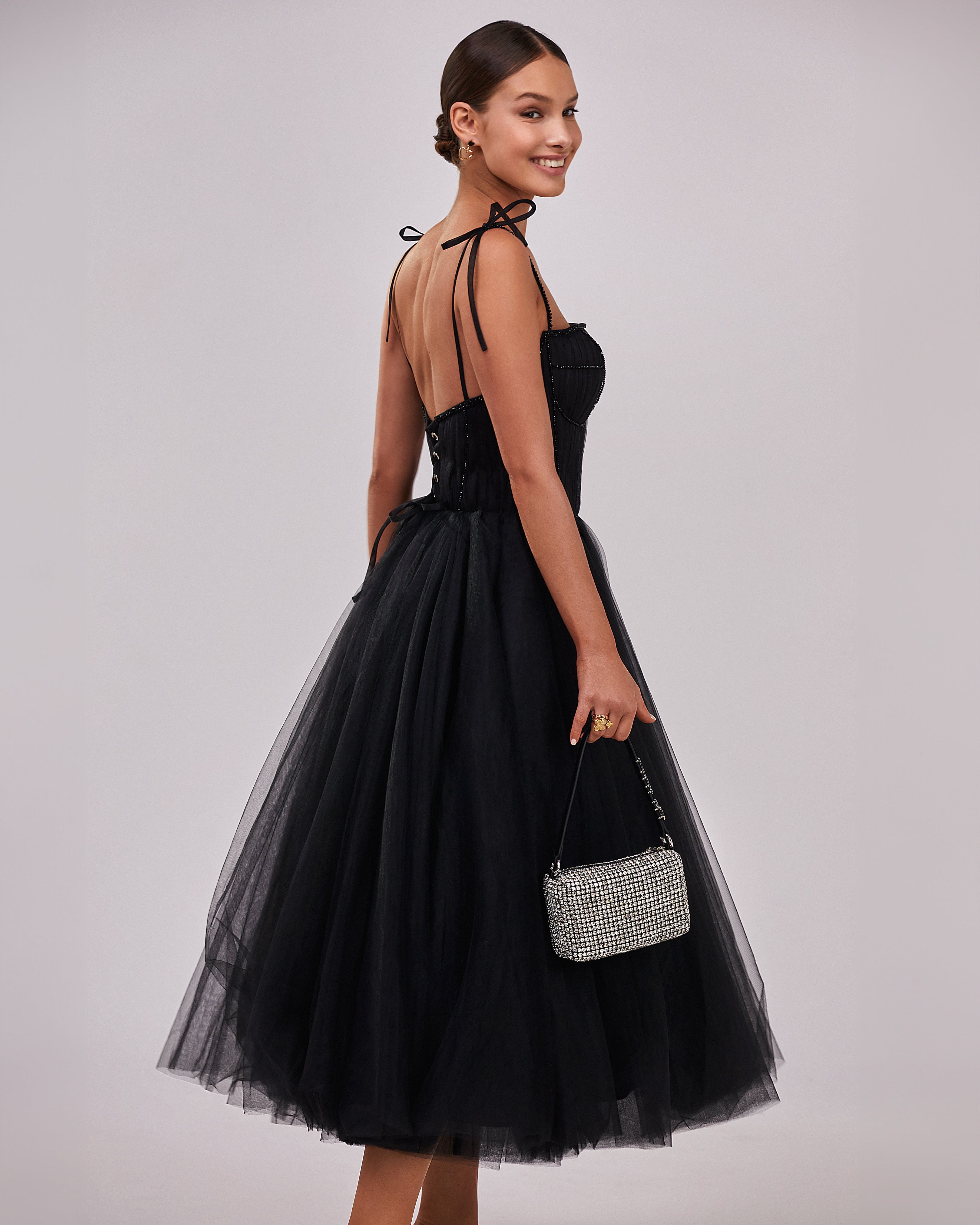 Black Tie-strap cocktail dress with the elegant corset embroidery - Image 3