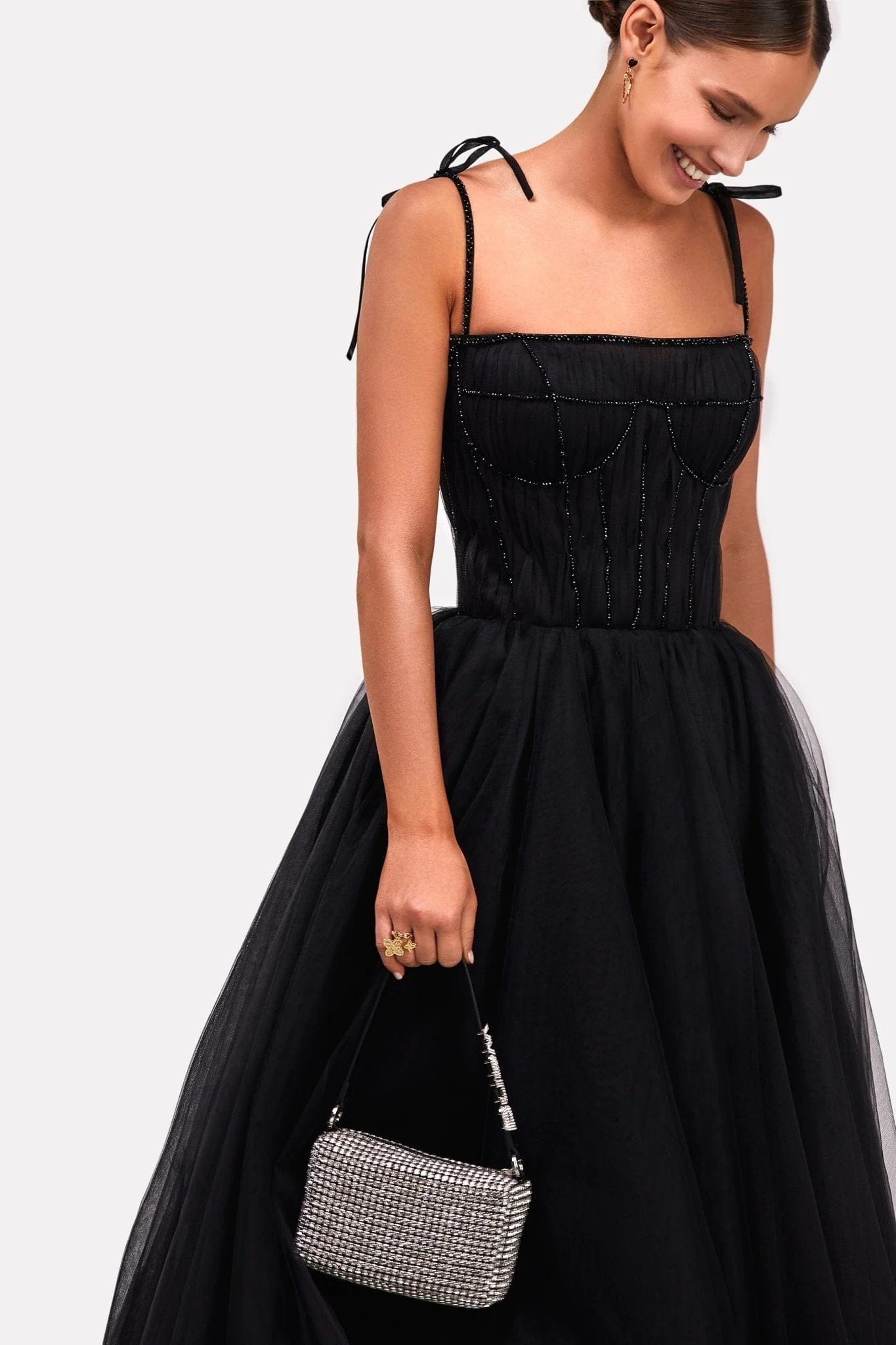 Black Tie-strap cocktail dress with the elegant corset embroidery - Image 5