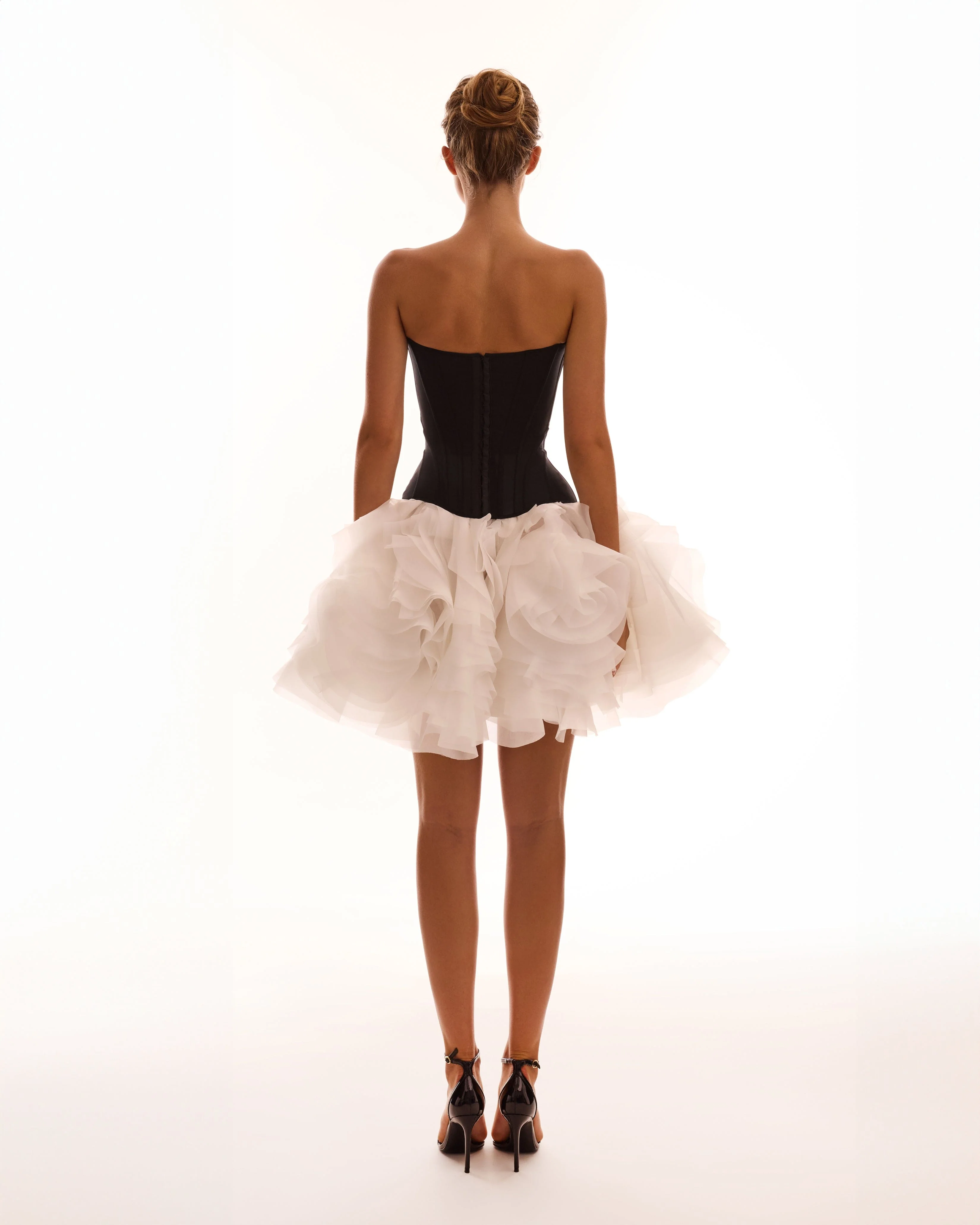 Danceable mini skirt with ruched flower appliques in white, Midnight Walk - Image 3