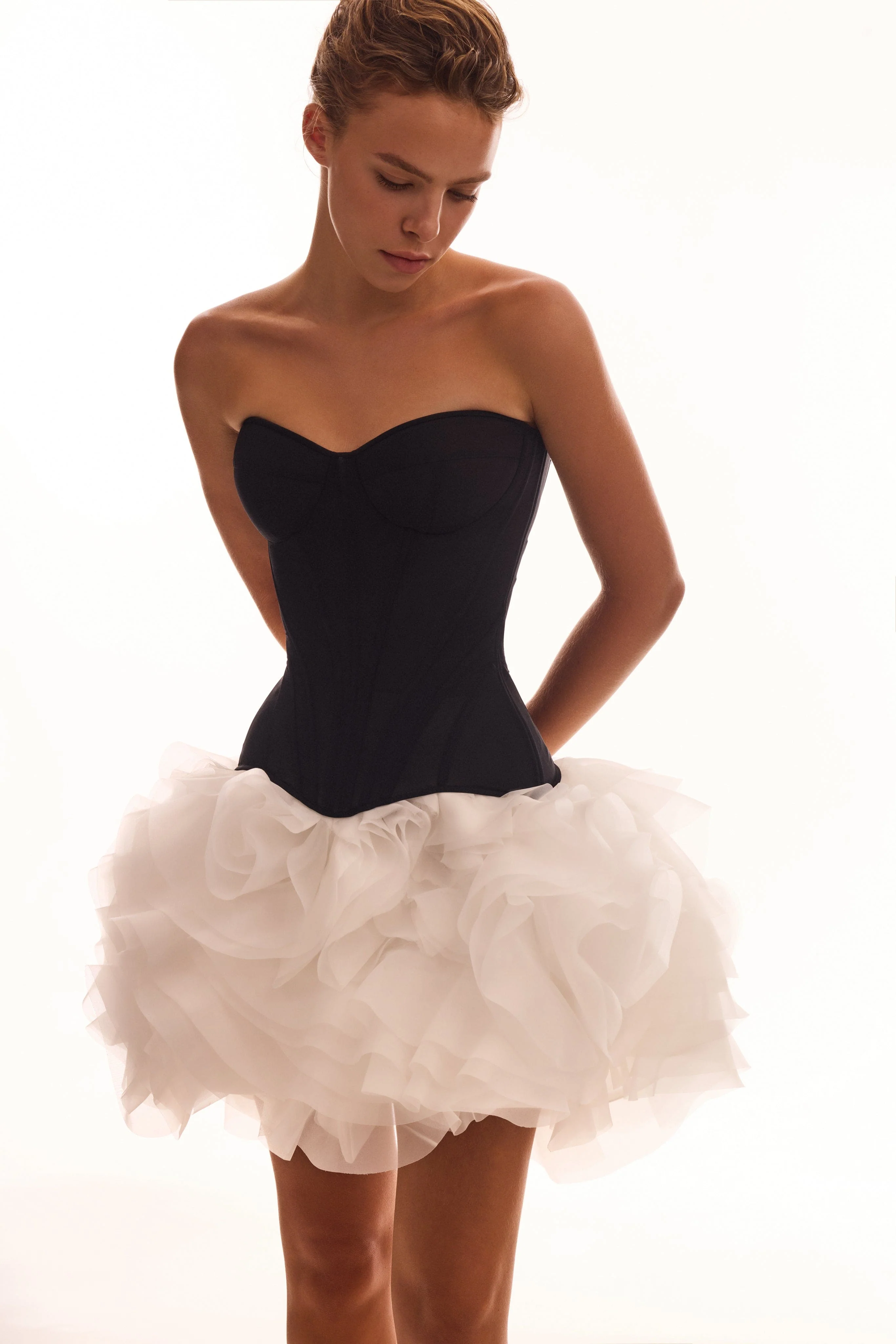 Danceable mini skirt with ruched flower appliques in white, Midnight Walk - Image 5