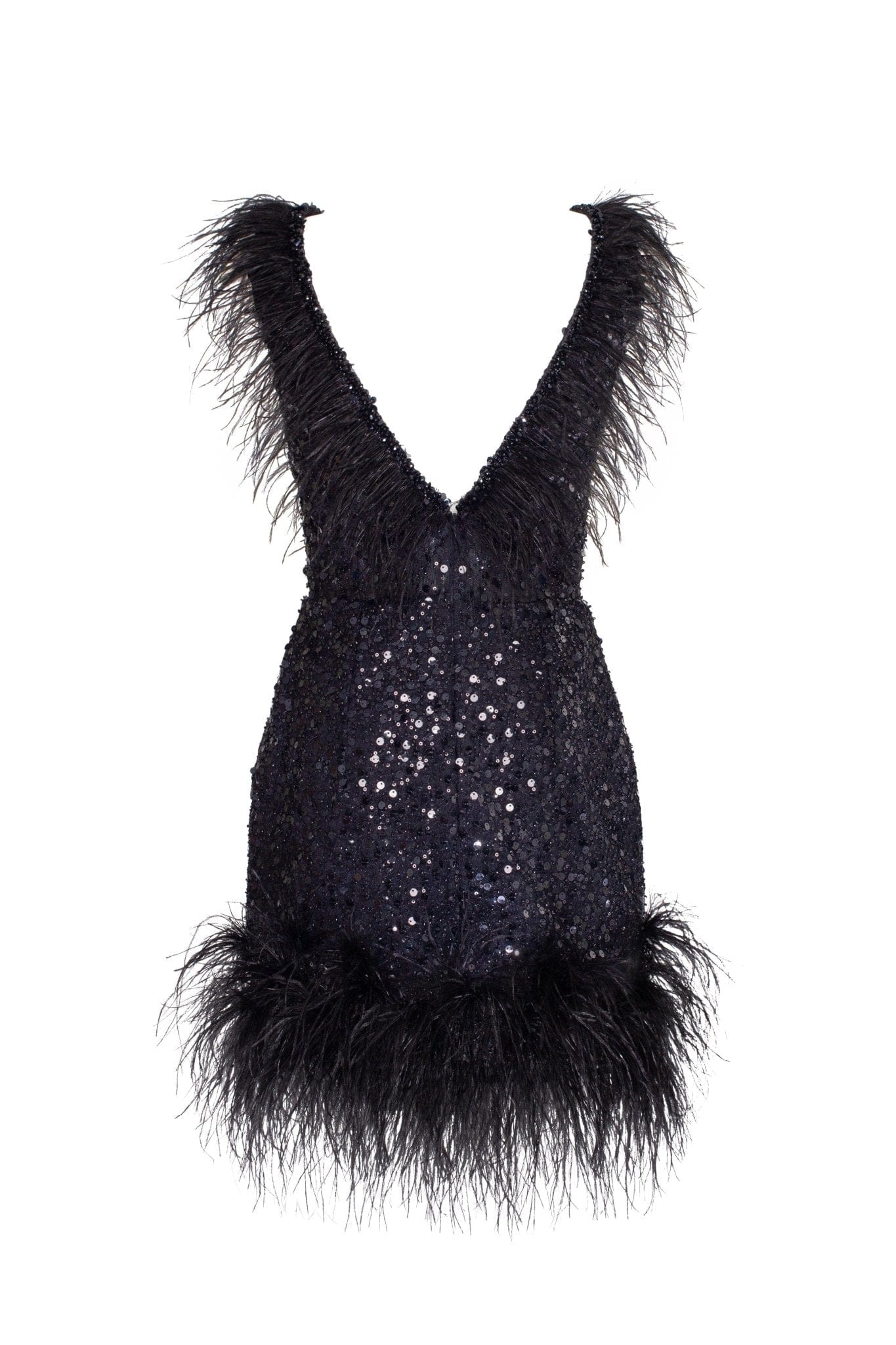 Dramatic cocktail dress on straps decorated with sequins and feathers - Image 4
