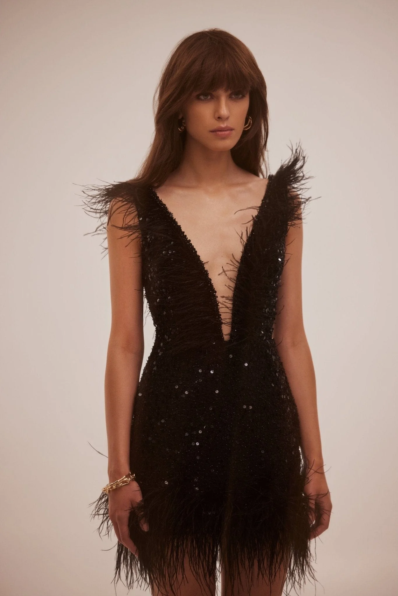 Dramatic cocktail dress on straps decorated with sequins and feathers - Image 5