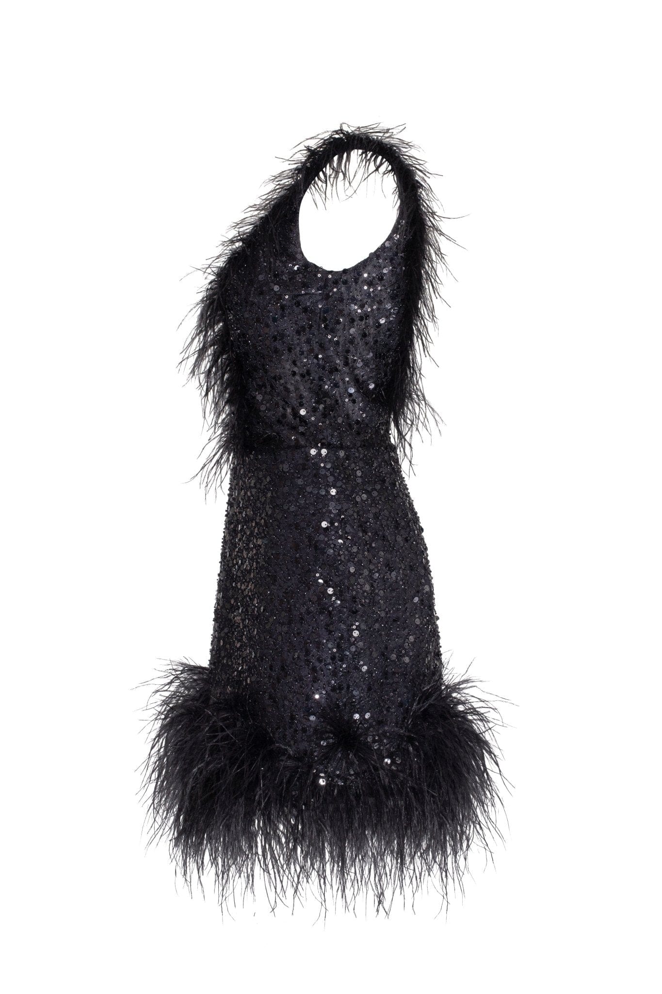 Dramatic cocktail dress on straps decorated with sequins and feathers - Image 7