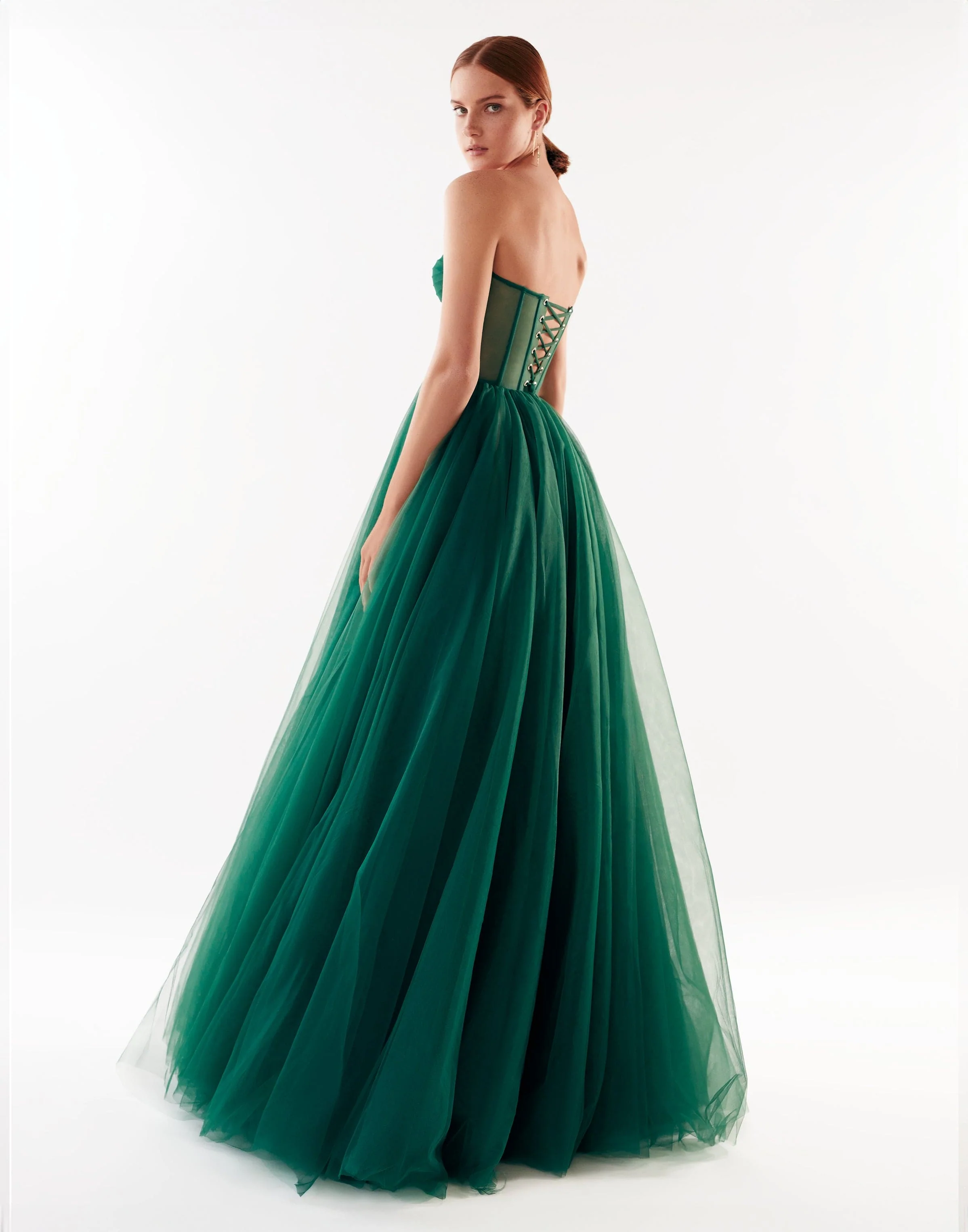 Emerald Green Tulle Maxi Dress with a Corset Bustier - Image 3