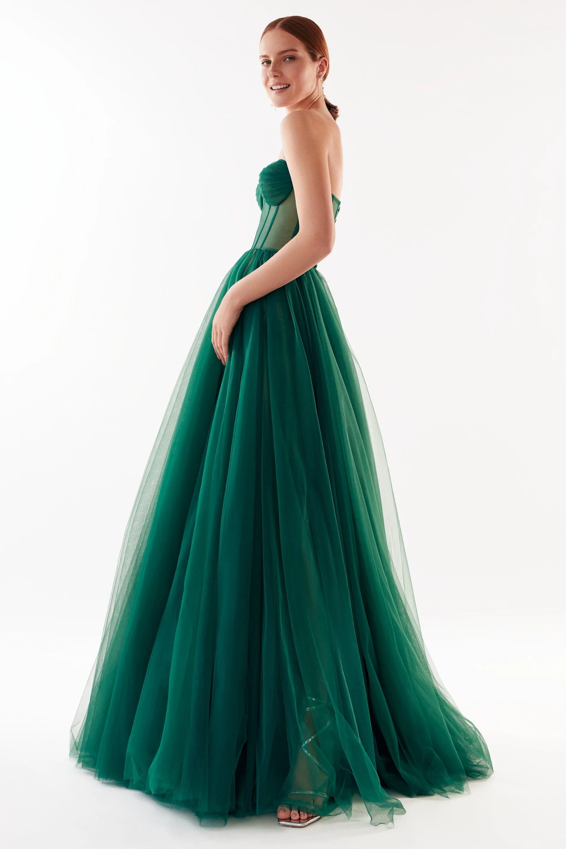 Emerald Green Tulle Maxi Dress with a Corset Bustier - Image 5
