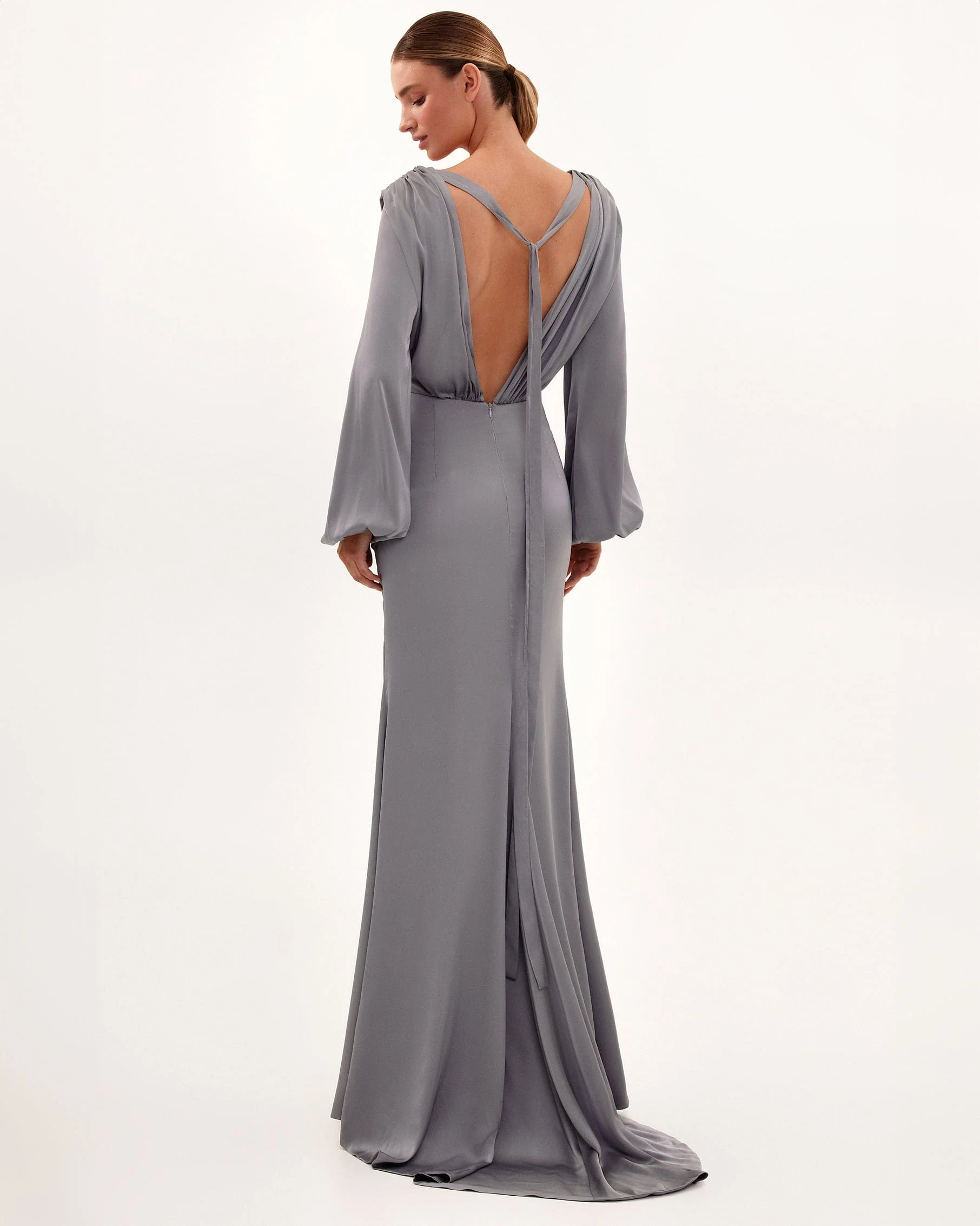 Fancy silver silk maxi evening dress - Image 3