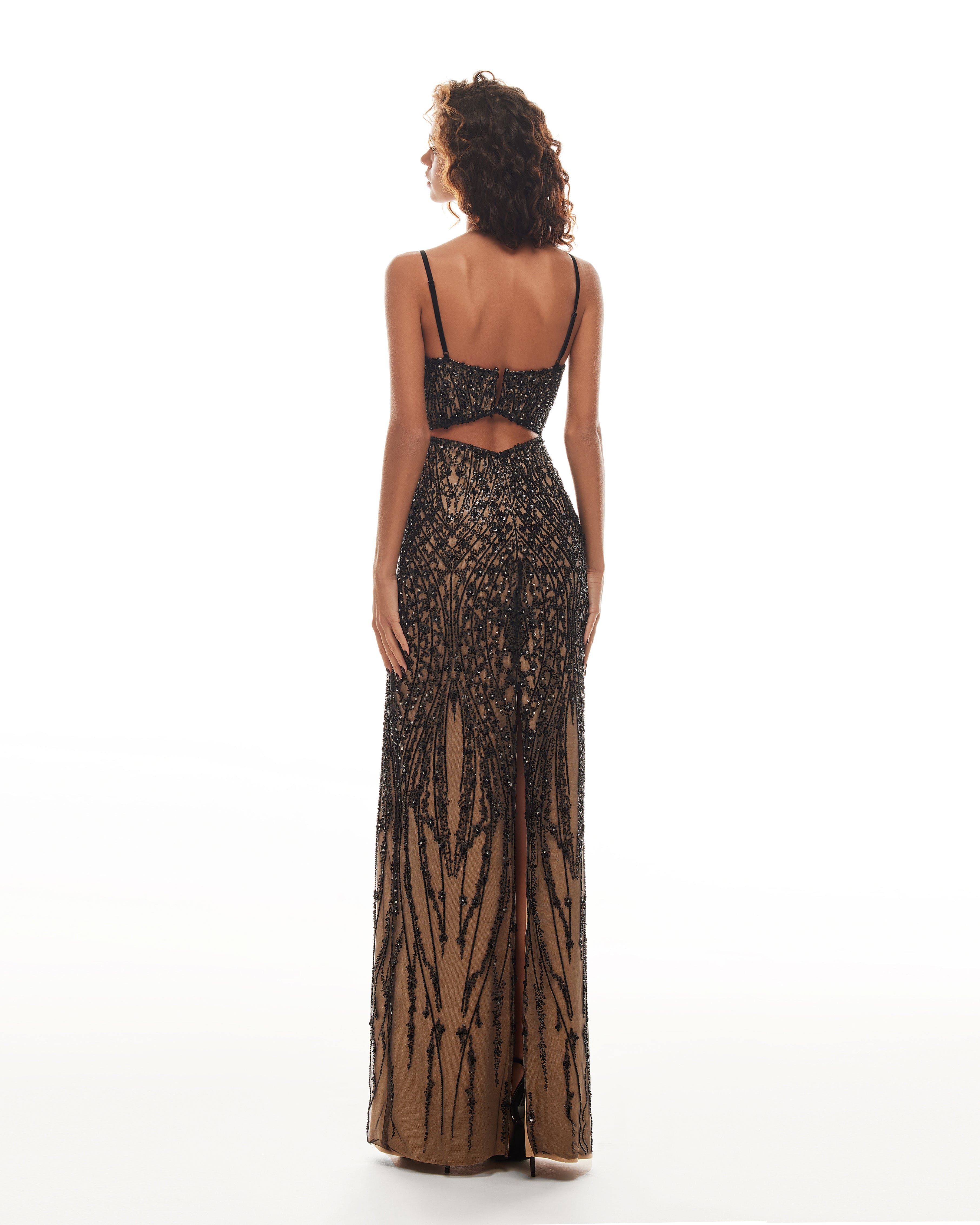 Gala-worthy beige maxi dress covered in black sequined ornament, Smoky Quartz - Image 3