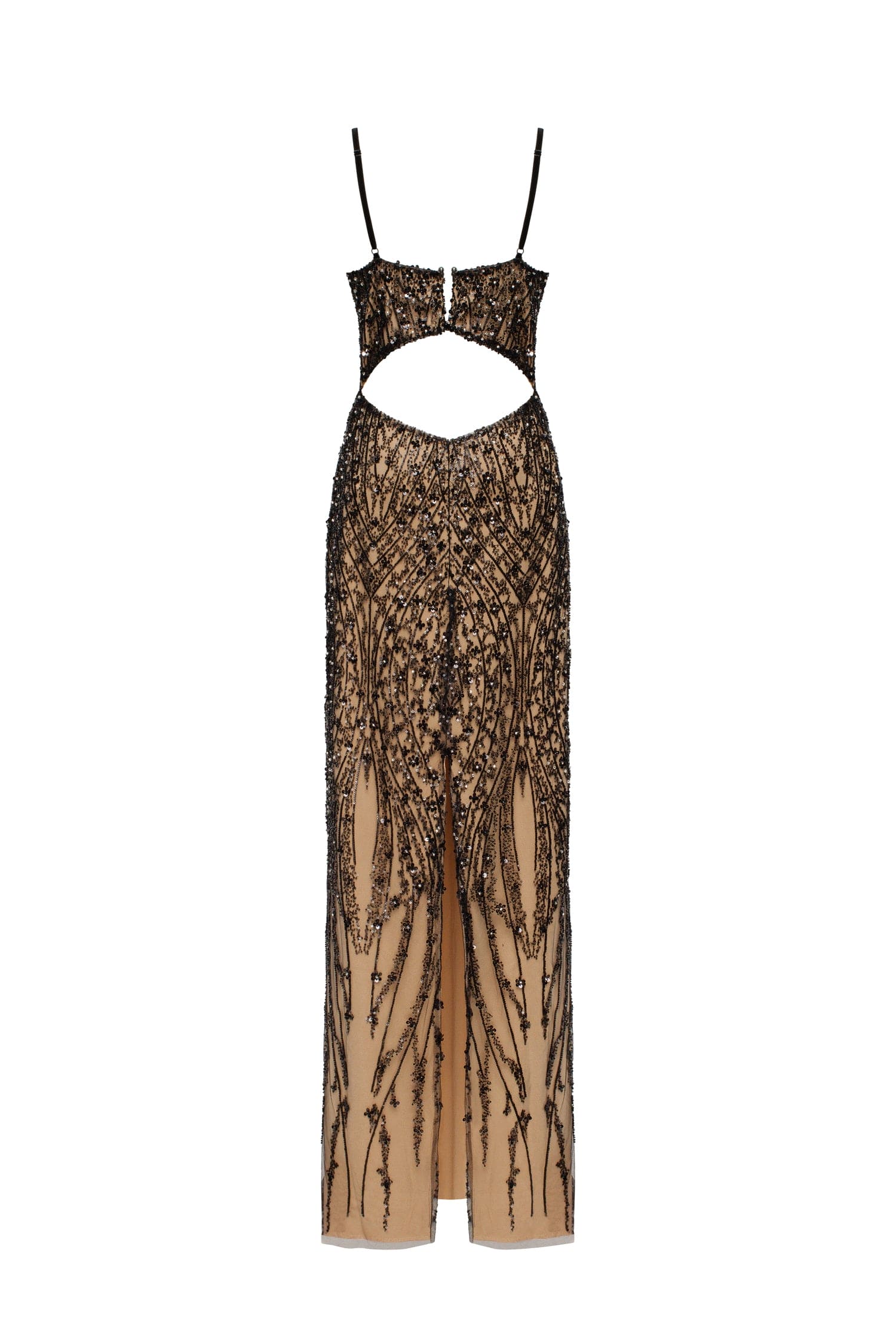 Gala-worthy beige maxi dress covered in black sequined ornament, Smoky Quartz - Image 4