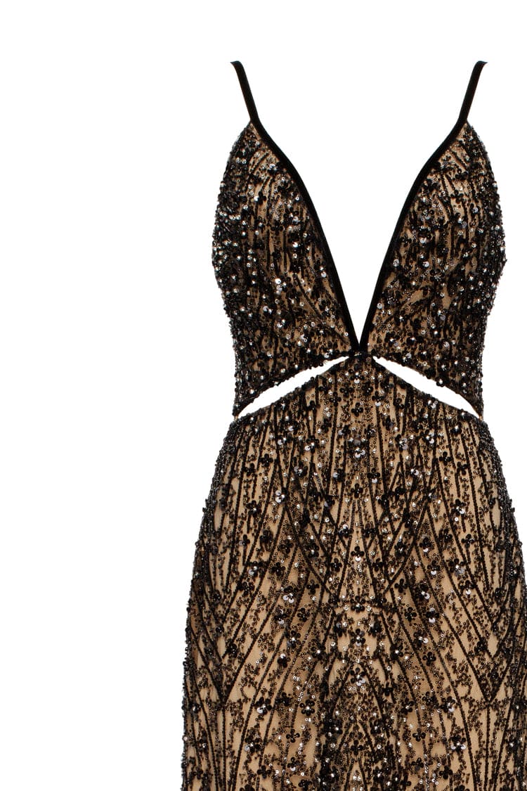 Gala-worthy beige maxi dress covered in black sequined ornament, Smoky Quartz - Image 6
