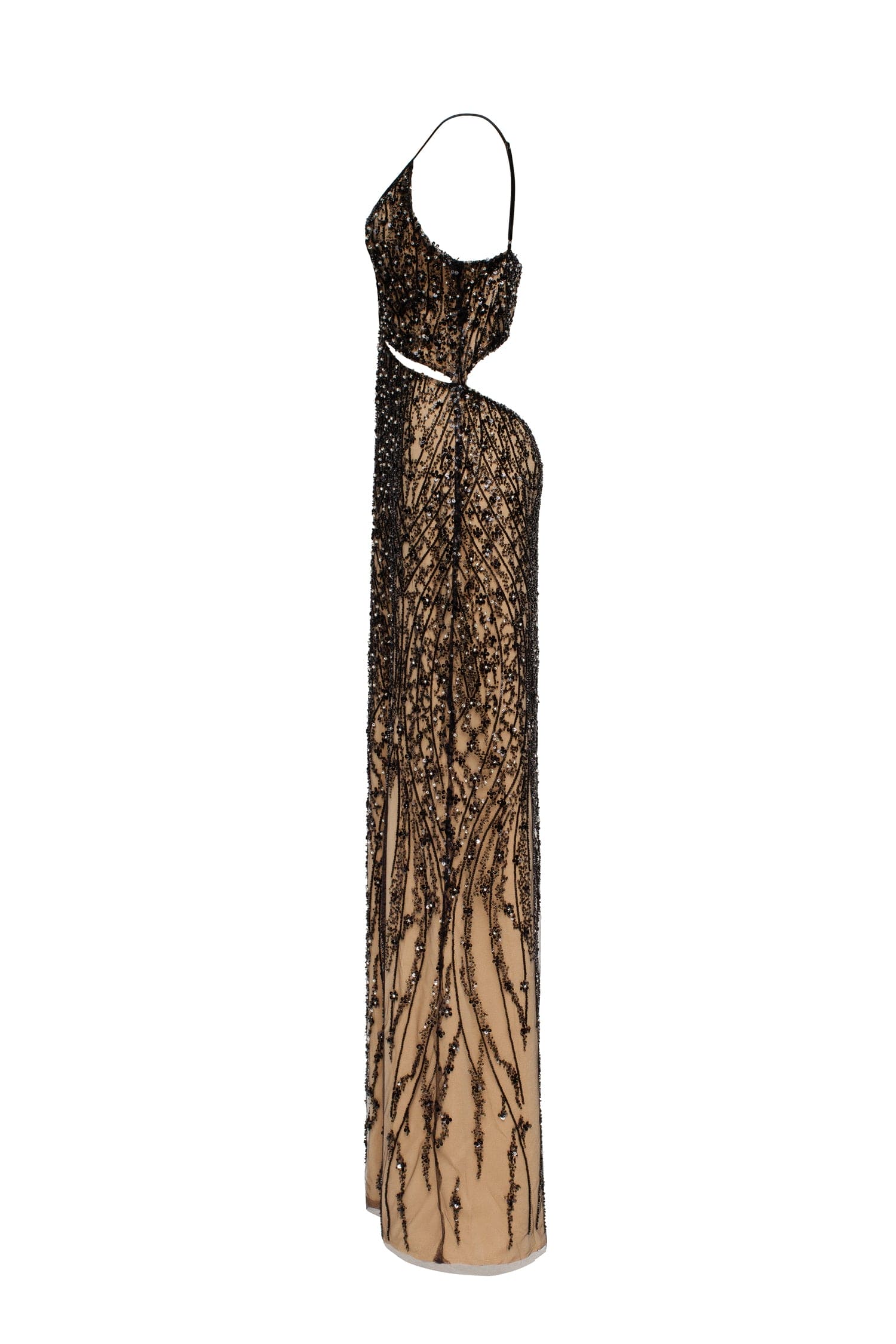 Gala-worthy beige maxi dress covered in black sequined ornament, Smoky Quartz - Image 8