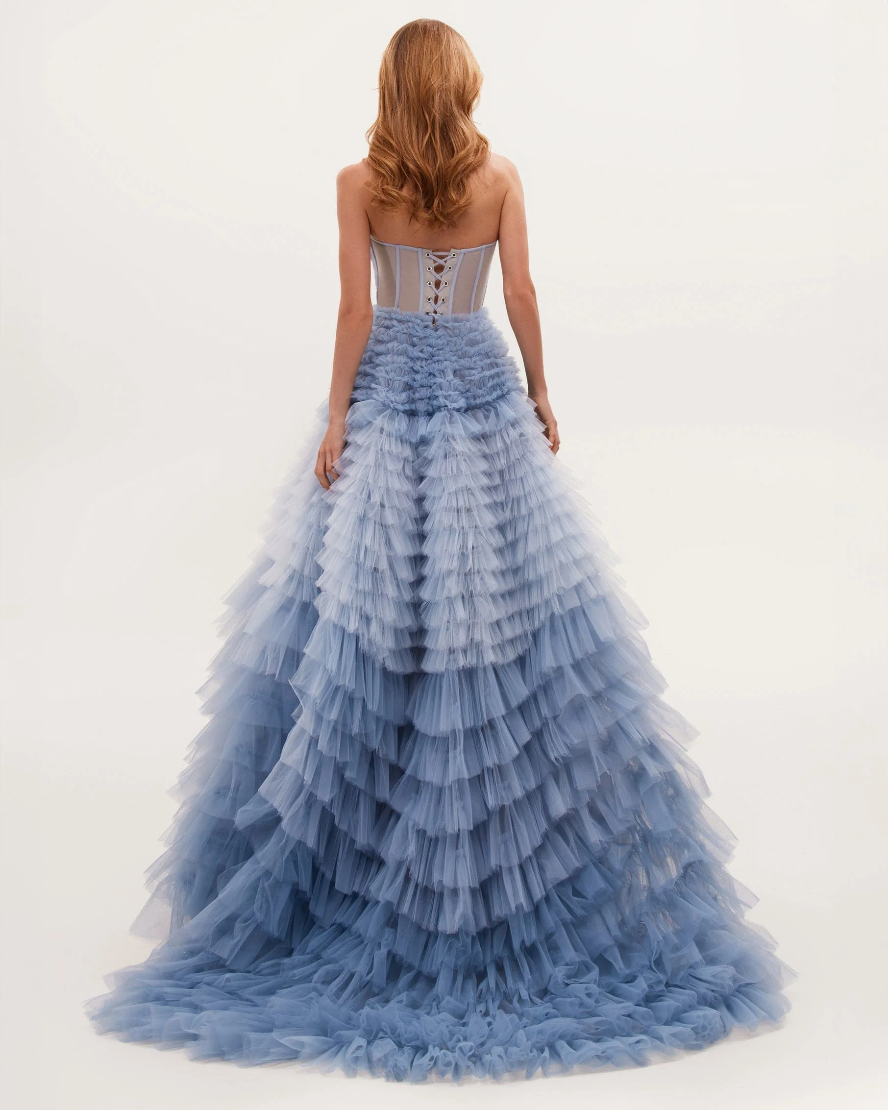 Light Blue Strapless Frill-Layered Fluffy Dress - Image 3