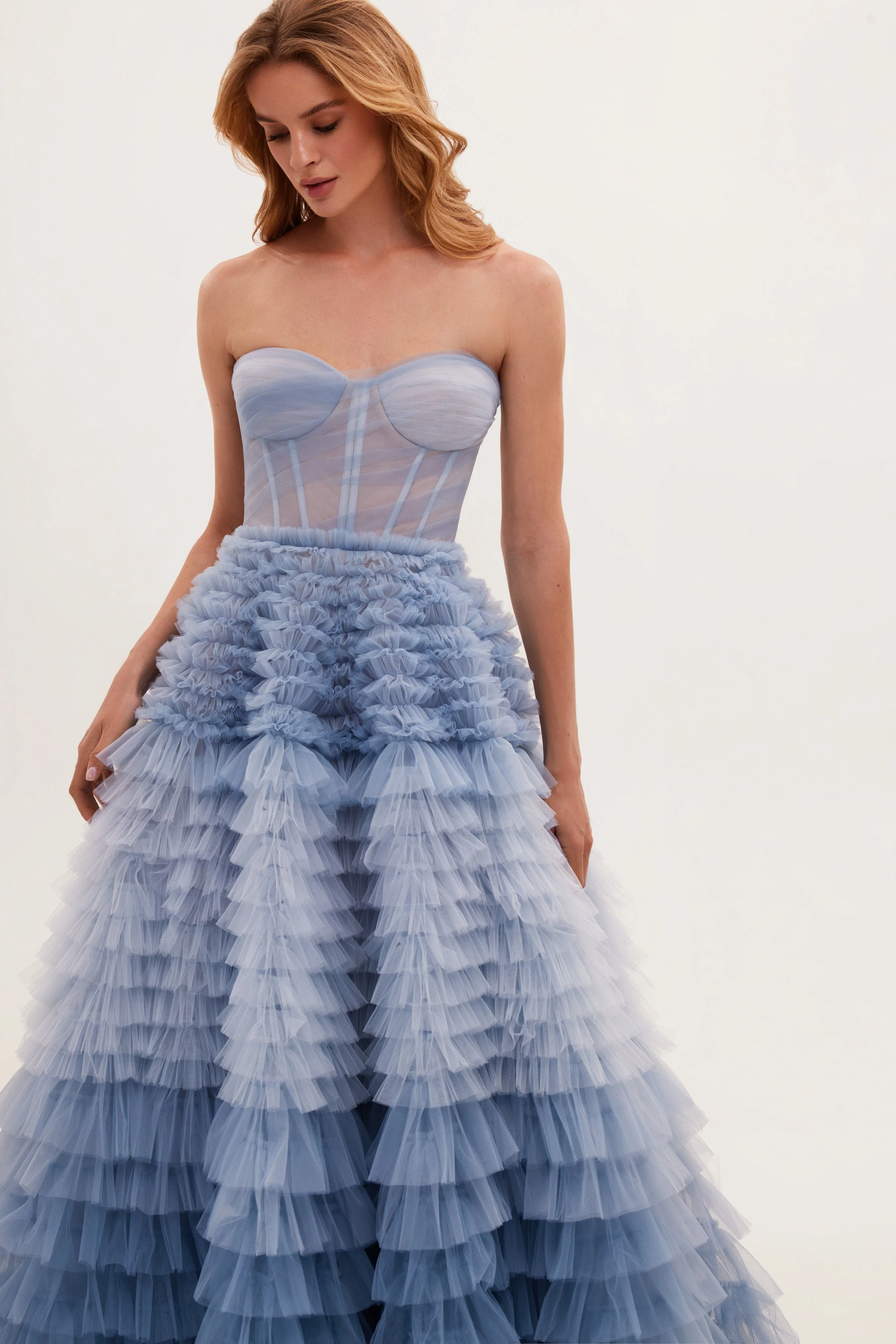 Light Blue Strapless Frill-Layered Fluffy Dress - Image 5