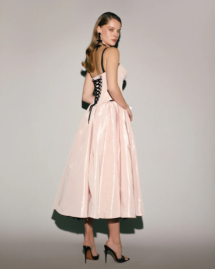 Misty Rose Corset Midi Dress with Contrast Details - Image 3