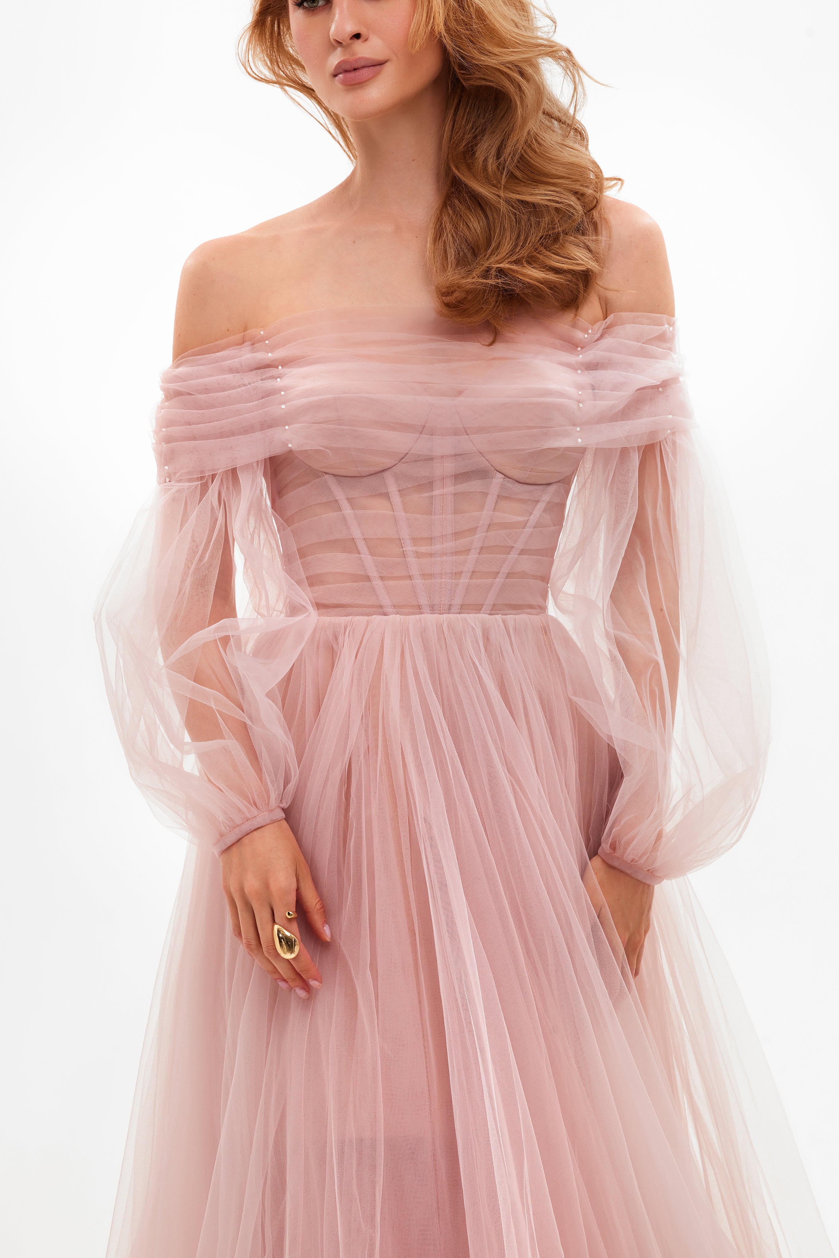 Misty Rose Sheer Sleeves Maxi Tulle Dress - Image 6