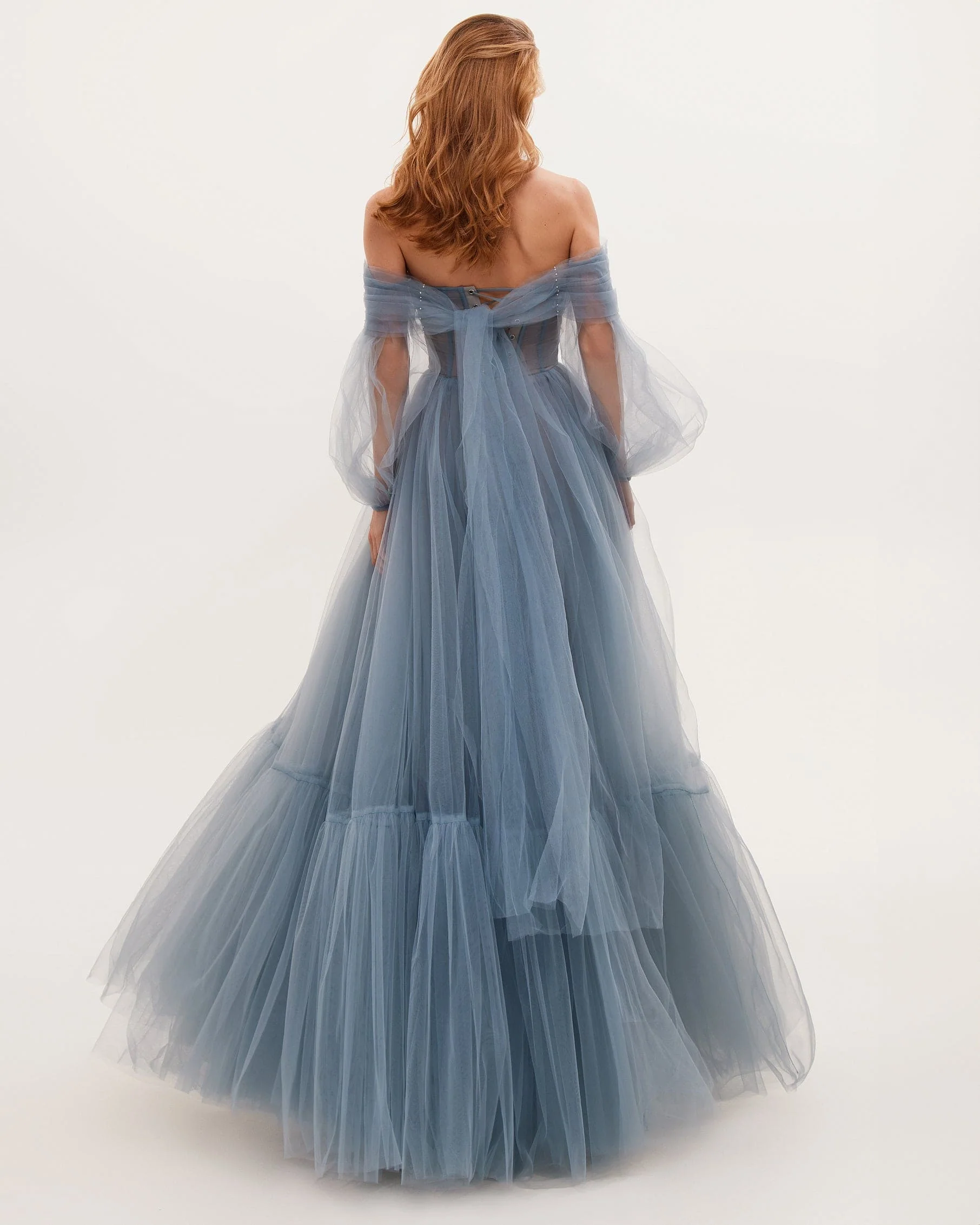 Ocean Wave Sheer Sleeves Maxi Tulle Dress - Image 3