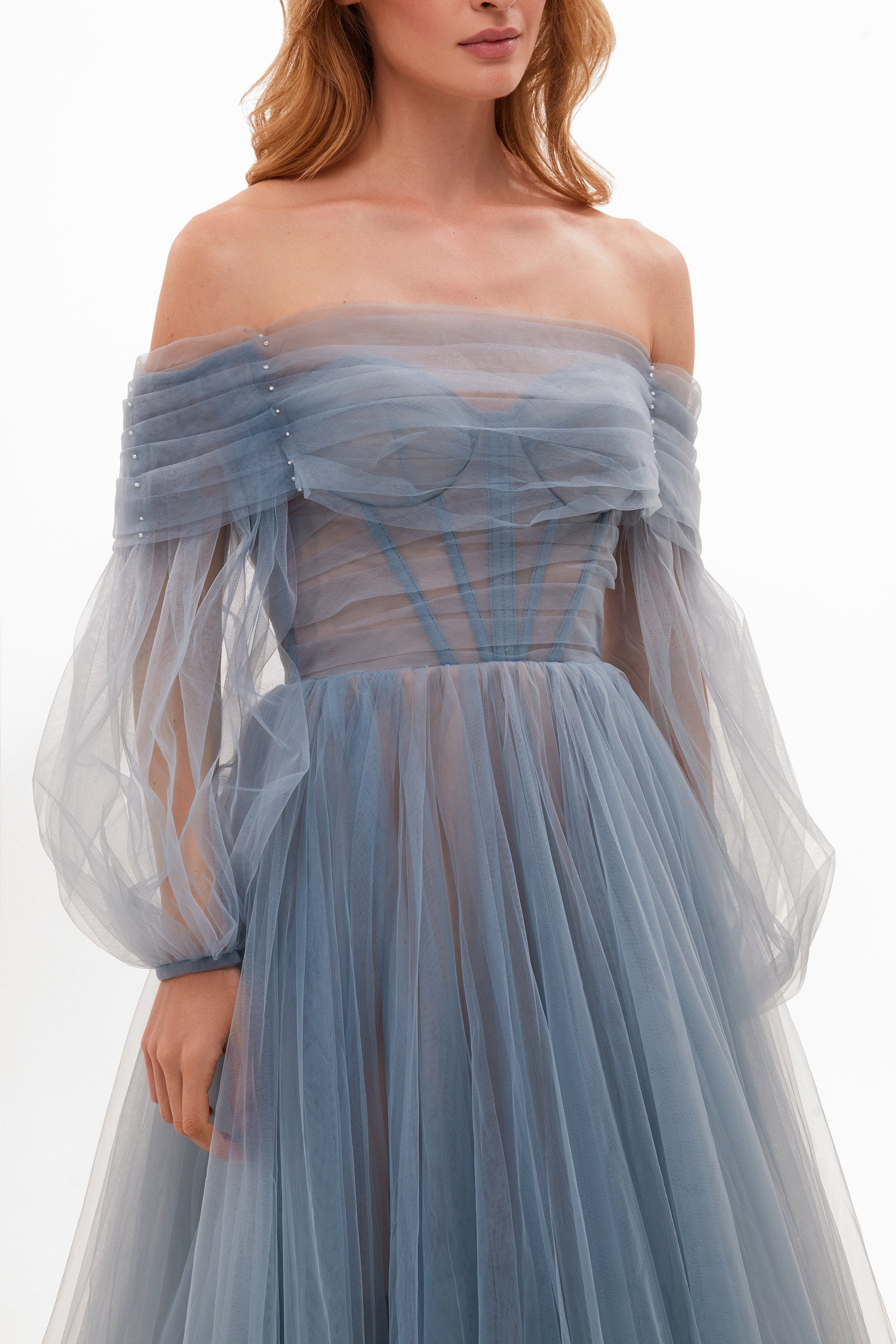 Ocean Wave Sheer Sleeves Maxi Tulle Dress - Image 8