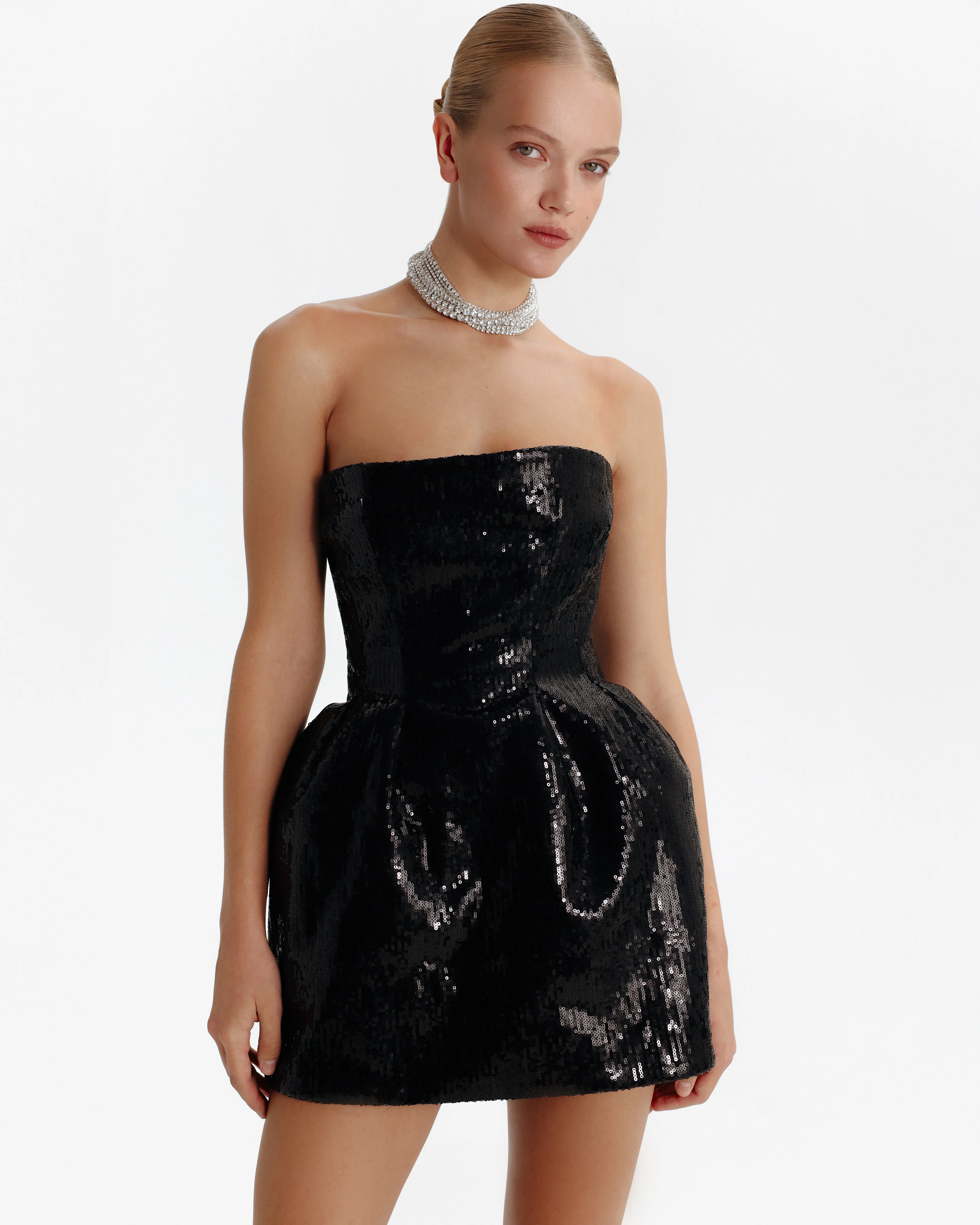 Sculpted black shiny mini dress - Image 5