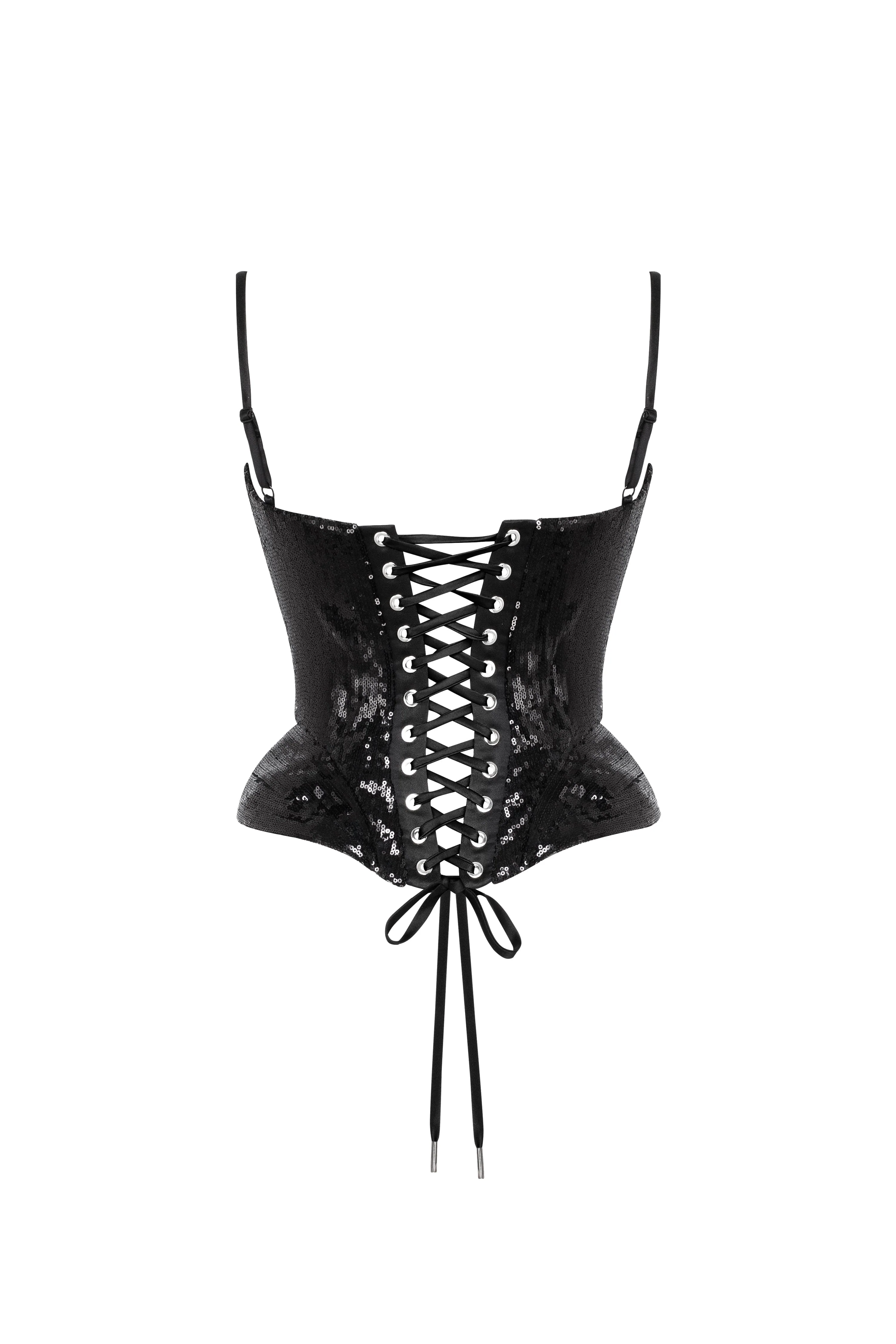 Sensational spaghetti straps sequined black corset, Midnight Walk - Image 4