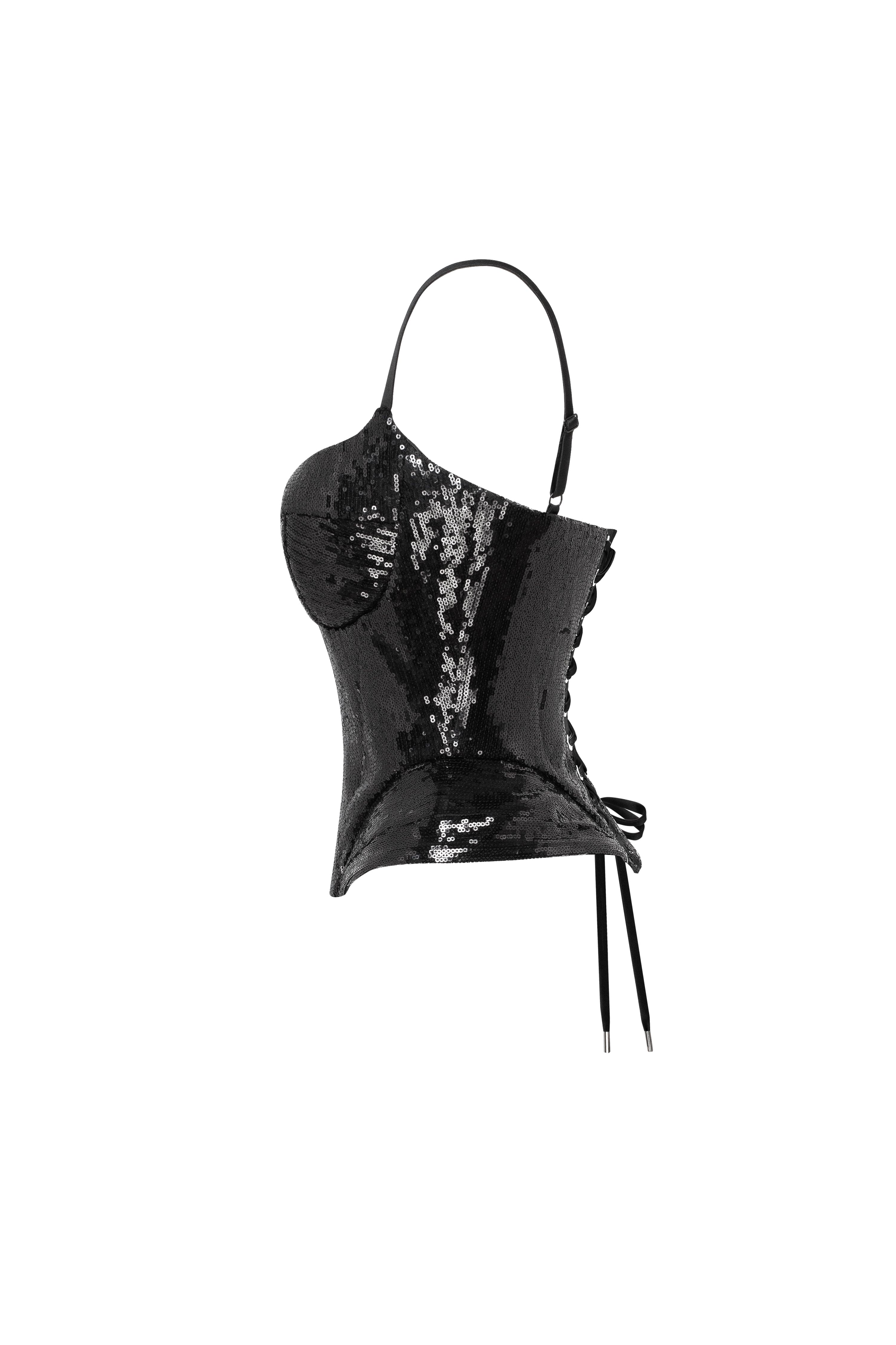 Sensational spaghetti straps sequined black corset, Midnight Walk - Image 8