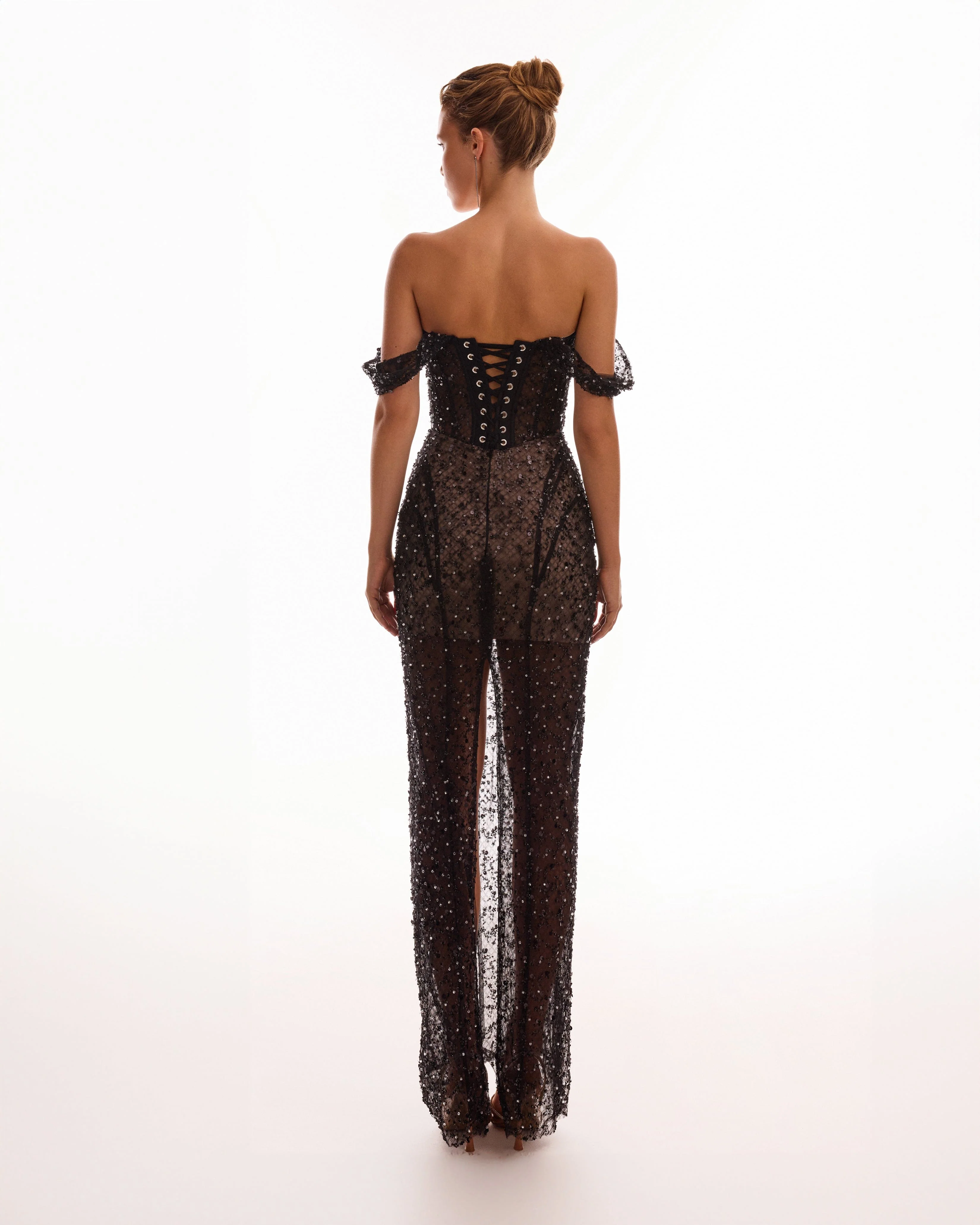 Striking black sequined fitted maxi dress, Midnight Walk - Image 3