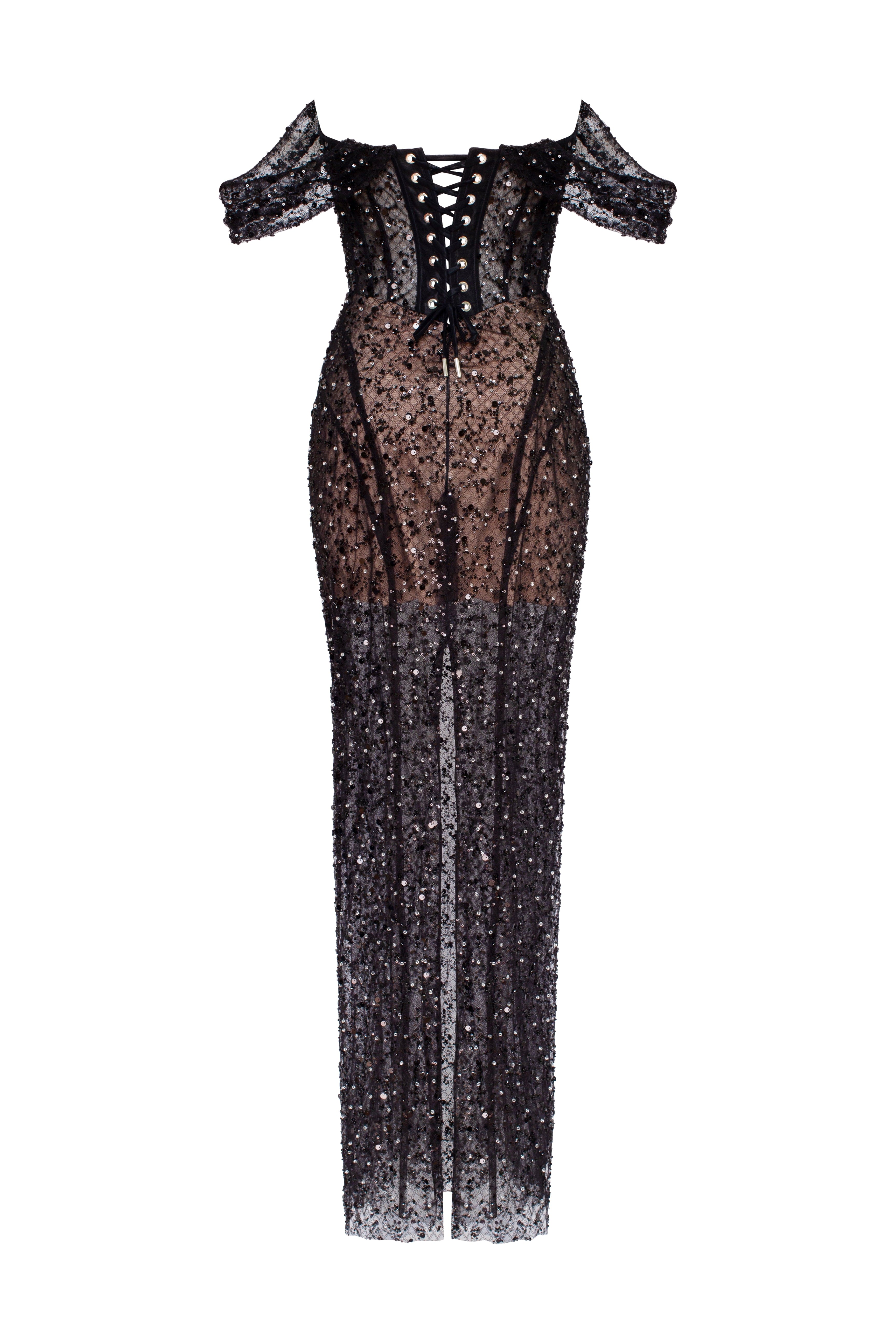 Striking black sequined fitted maxi dress, Midnight Walk - Image 4