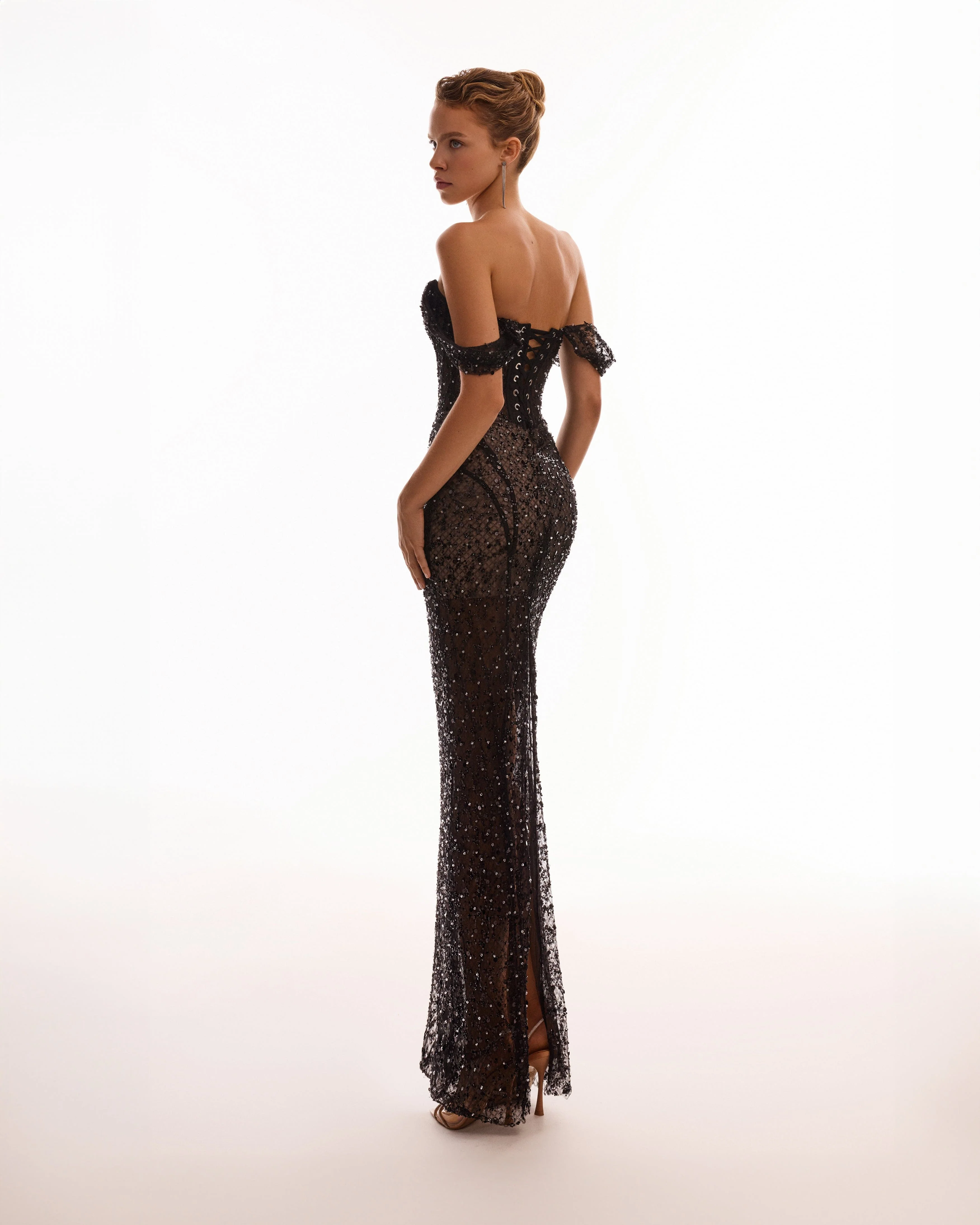 Striking black sequined fitted maxi dress, Midnight Walk - Image 5