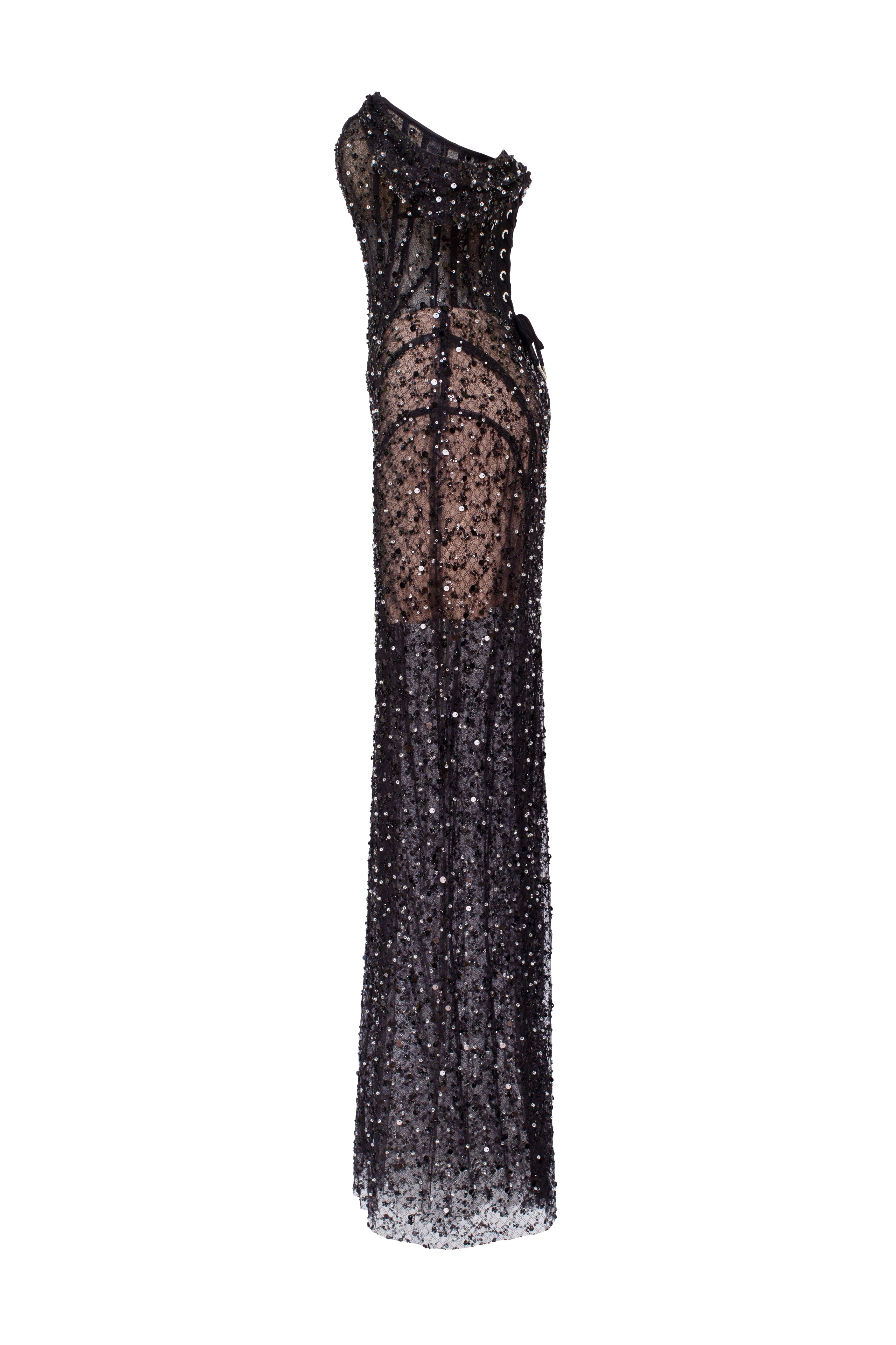 Striking black sequined fitted maxi dress, Midnight Walk - Image 6